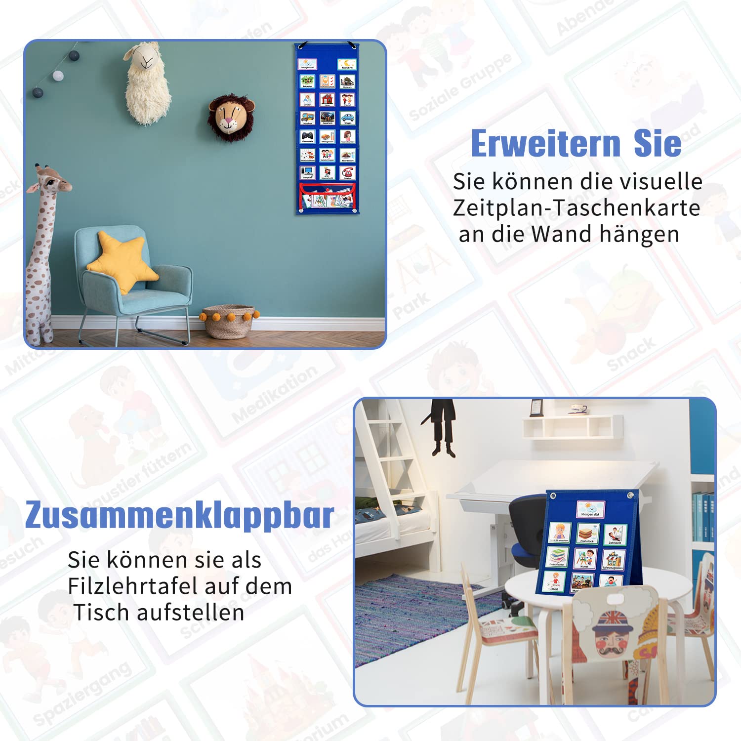 KIKIGOAL Kalender Kinder, Autismus Kinder Kalender Visueller Zeitplan mit 70-Stück deutsche Routine Karten und Klettverschluss Punkte, Vision Board Wochenplaner Routine Zeitplan Karten für Home School