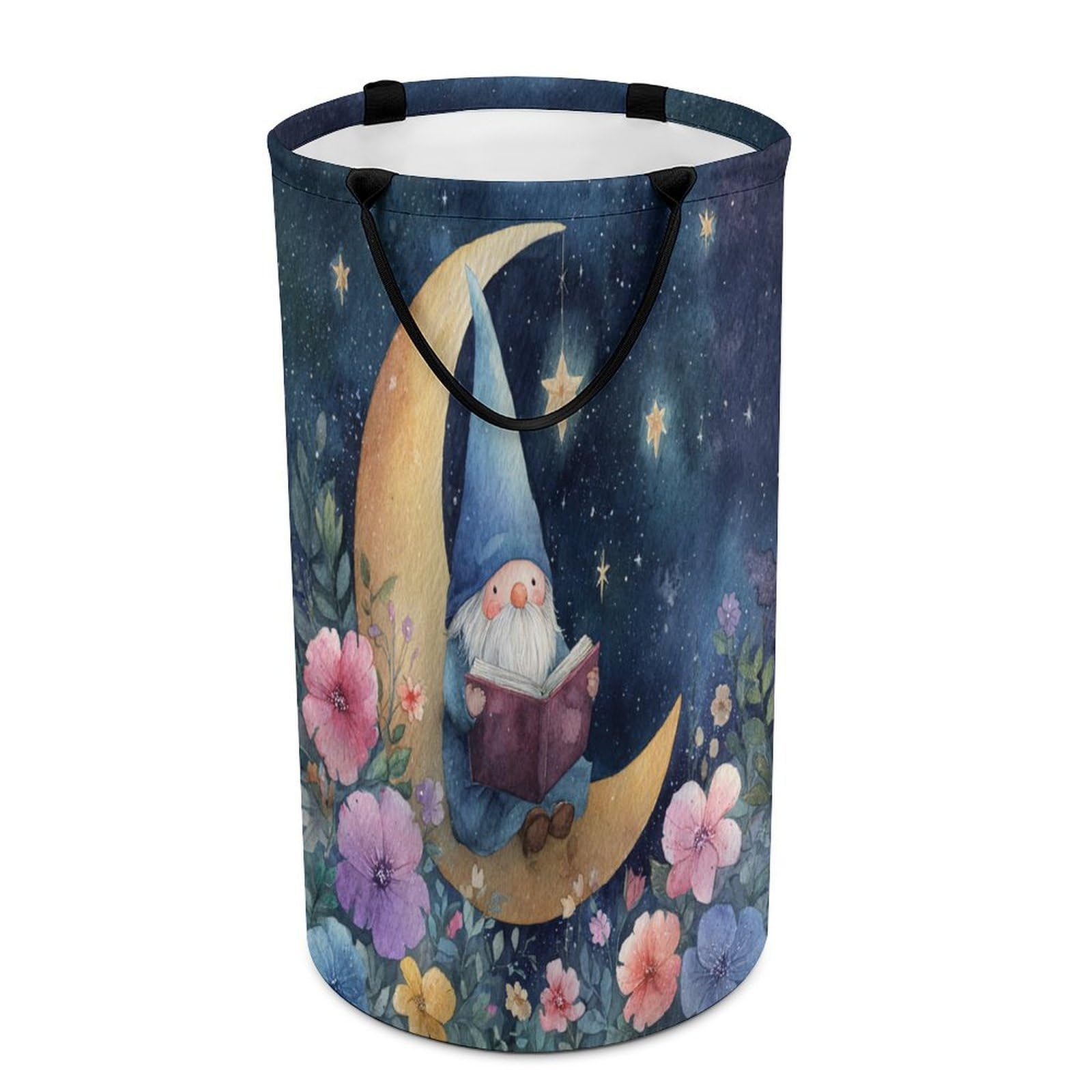LUYYSKY Funny Rustic Cute Gnome Collapsible Dirty Clothes Basket, Vintage Oil Painting Moon Starry Night Galaxy Gnome Pattern Portable Clothes Storage Basket