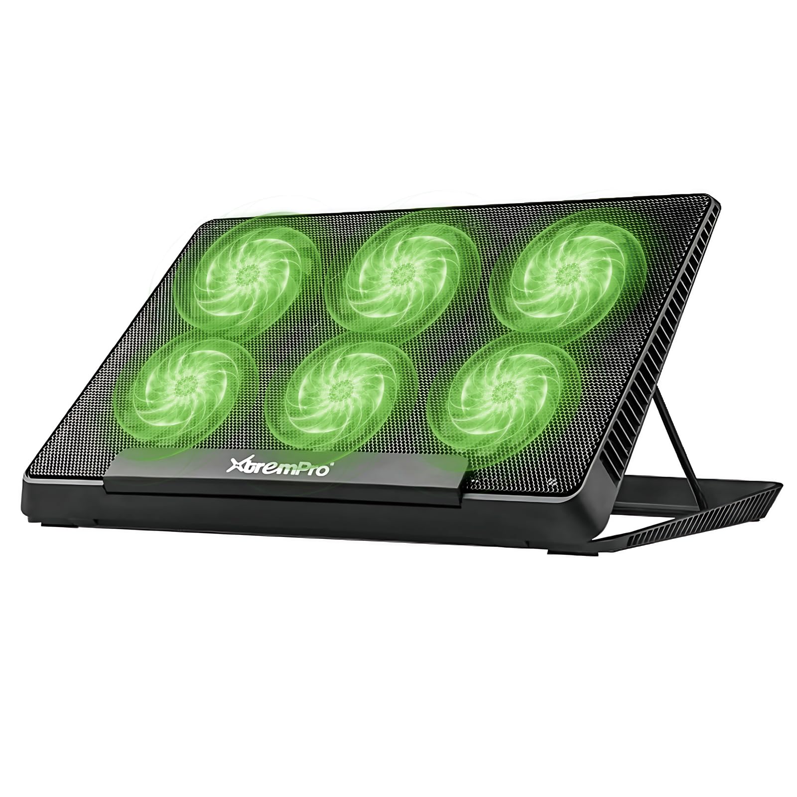 Portable Metal Mesh Laptop Cooler Cooling Pad, 6 Quiet Fans w/Green LED Light, 5 Adjustable Heights, Up to 17" in Notebook, 2 USB Interface w/Speed Control Switch, Non-Slip - Black (11147)