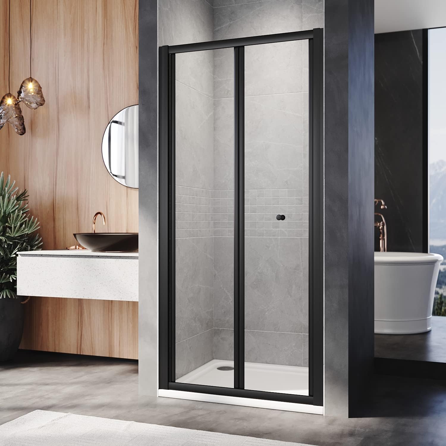 ELEGANT 900mm Black Bi-Fold Shower Door Enclosure with Magnetic Stripe Glass Reversible Folding Cubicle for Shower Room and Restroom