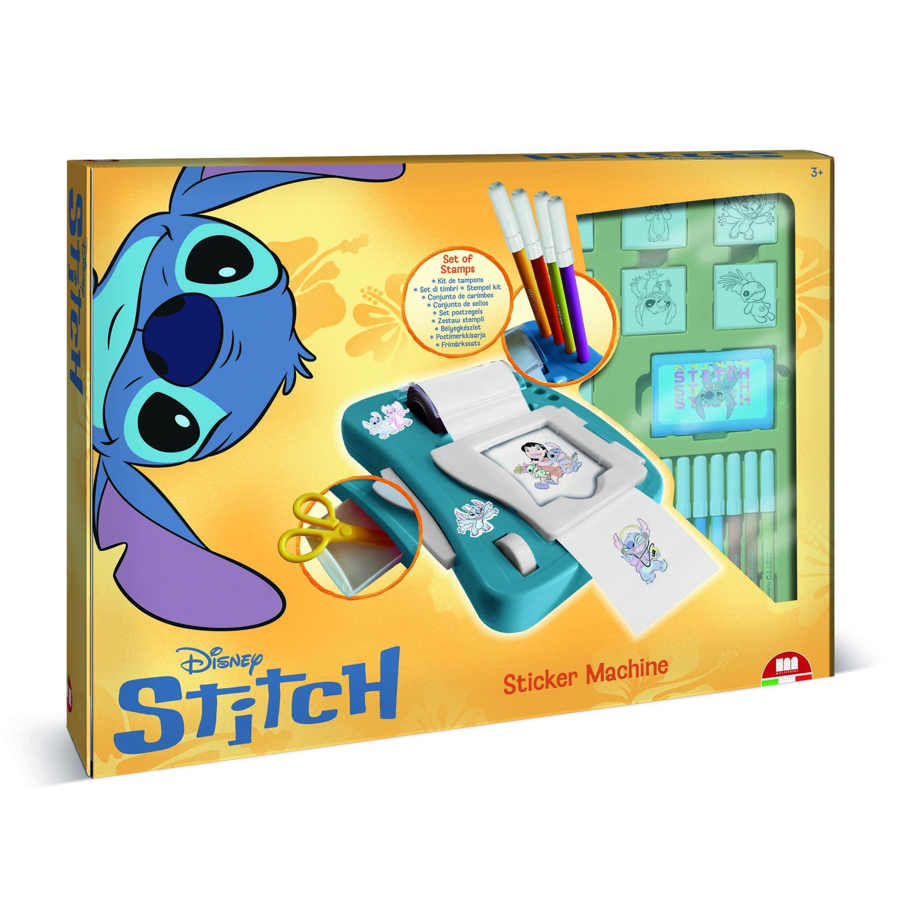 Multiprint Stitch Sticker Machine Set – Made in Italy Creative Kit with Wooden Natural Rubber Stamps, Colouring Album, Pens & Washable Non‑Toxic Ink