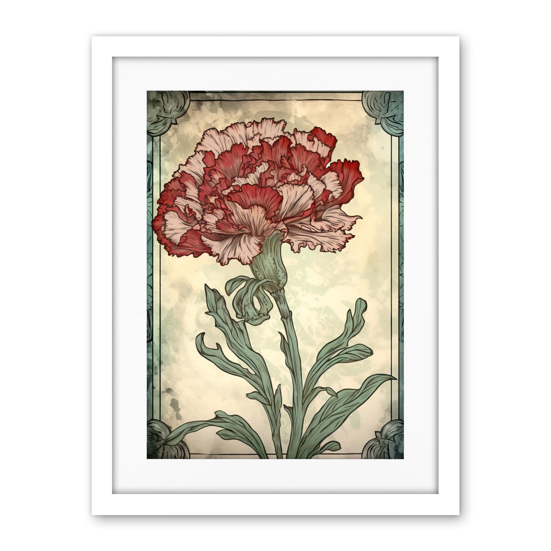 Artery8 Red Carnation Flower Bloom Watercolour Art Nouveau Artwork Framed Wall Art Print 18X24 Inch