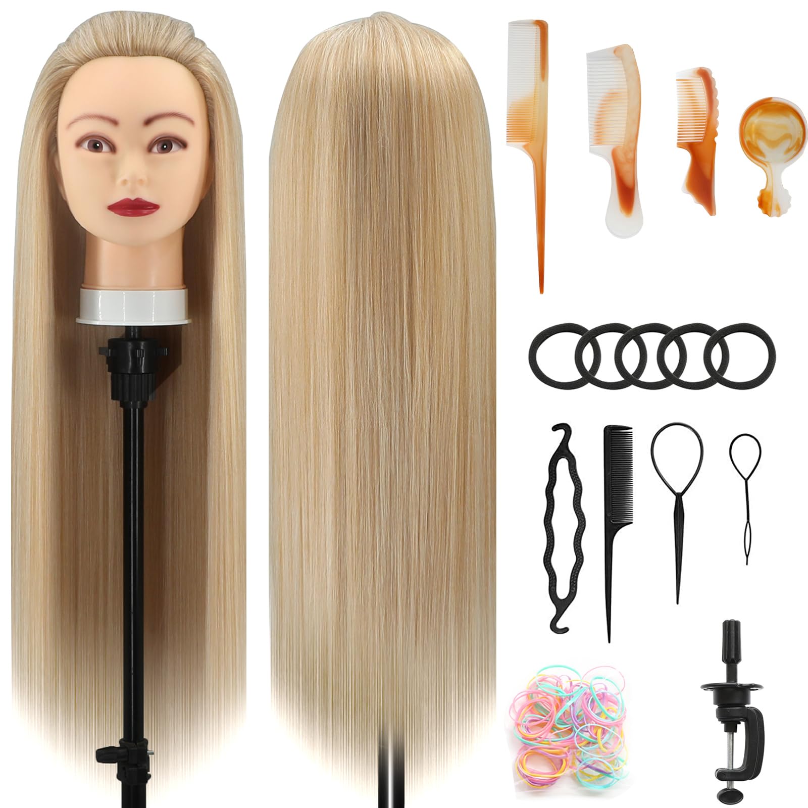 Testa Per Parrucchiere, 28 Inch Testina Parrucchiere Capelli 100% fibre Sintetiche Parrucchiere Testa Per Parrucchiere con Morsetto Libero e DIY Accessori Per Capelli (3-60)