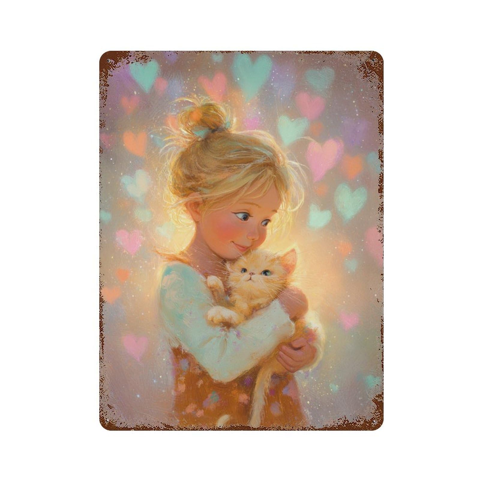 Girl Holding Kitten with Hearts Weathered Tin Sign 15.7"x11.8", for Basement, Hobby Room And Garage Decor, Rustic Home Decor