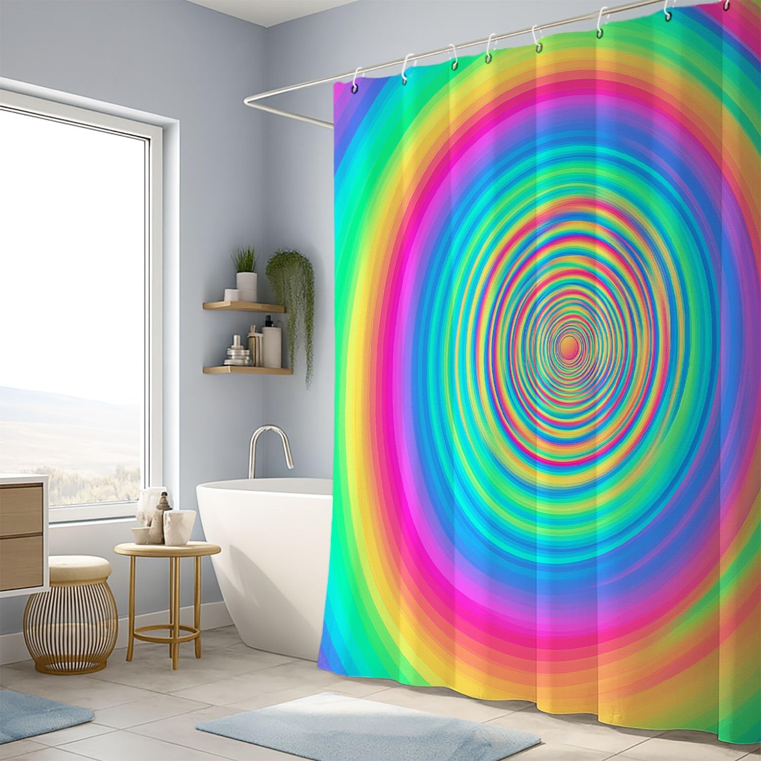 Generico Fantasia Tenda Da Doccia Luminoso Illusione ottica Multicolore, Tenda Da Doccia Per Bagno, Vasca Da Bagno, Tenda In Poliestere Impermeabile Con Ganci In Plastica, 180 x 200 cm