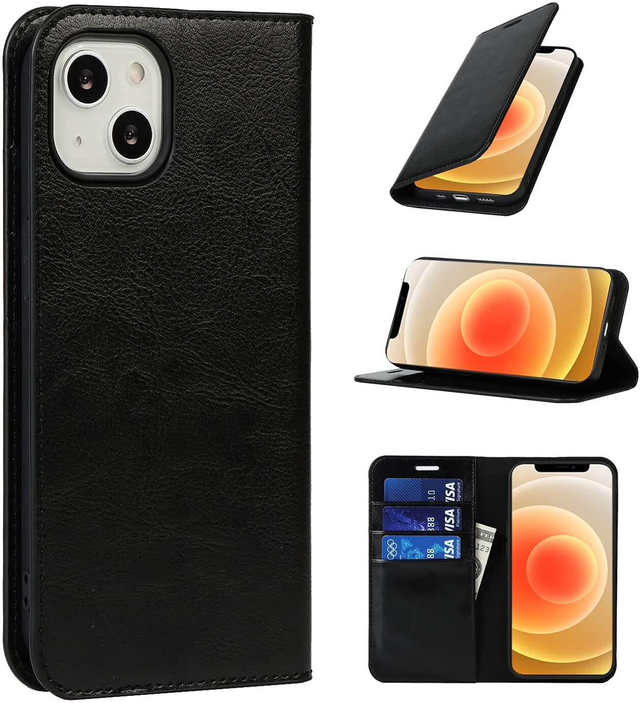 YoYoTech Luxury Genuine Leather Wallet Case Compatible with iPhone 13 6.1, 3 Card Holder Slot Magnetic Flip Kickstand Wallet Case for iPhone 13 6.1’ 2021 -Black