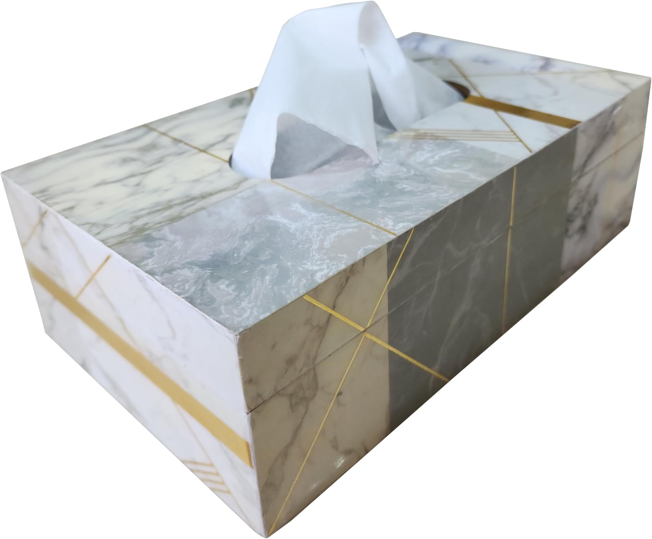 NORI Wooden Tissue Box | Handcrafted Decorative Tissue Holder with Gold Floral Accents for Home, Office, or Hotel | Stylish and Functional (White Marble)