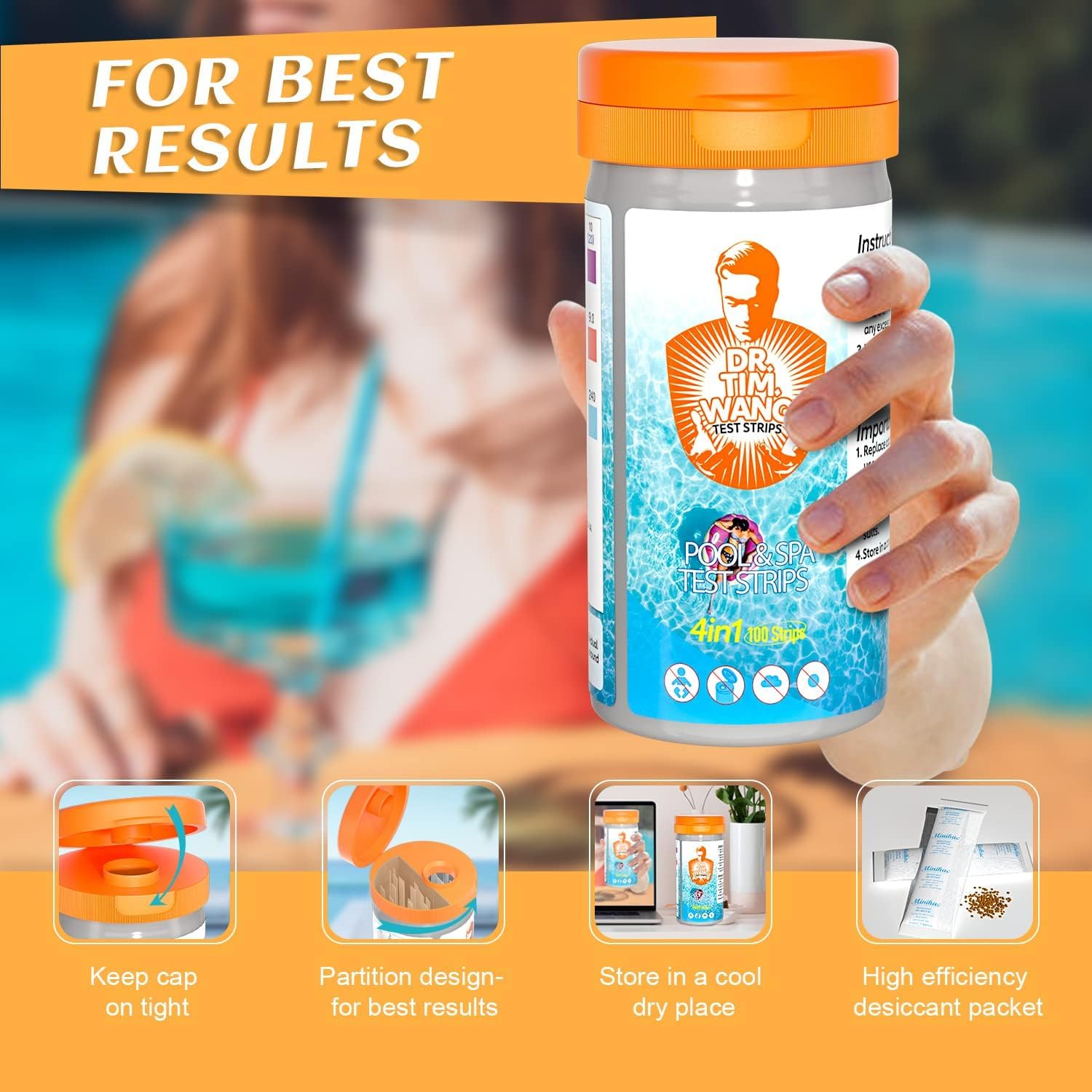 Strisce di prova per piscina e vasca idromassaggio - Kit di test di precisione medica 3-1 4-1 7-1 per piscina - Test di pH, cloro libero (bromo), alcalinità totale e acido cianurico e