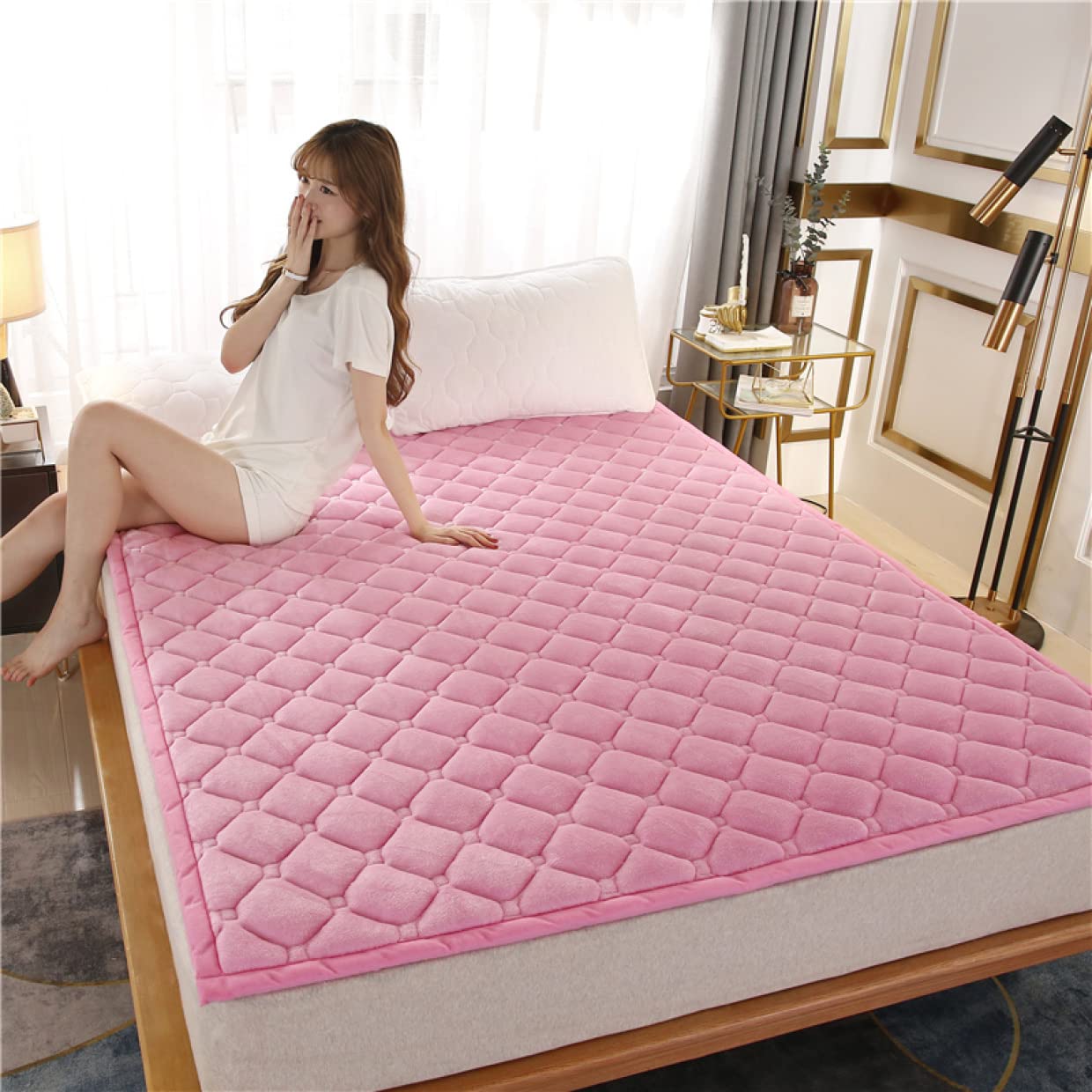 ダブルサイズ 花柄マットレス ピンク Amazon｜MMLYY マットレスパッド しきぱっと フランネル 1年中快適