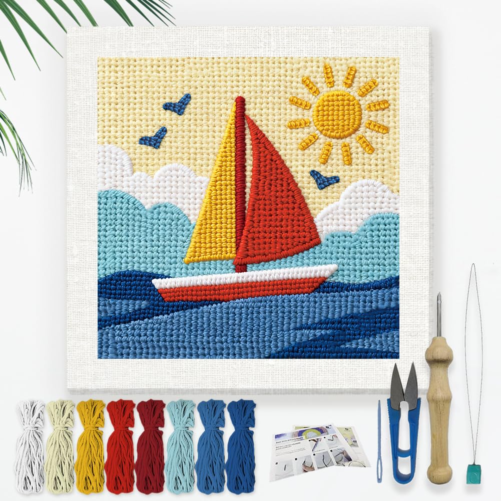 DOODLREAM Sailing Sailboat Punch Needle Kit for Beginner 24 x 24 cm