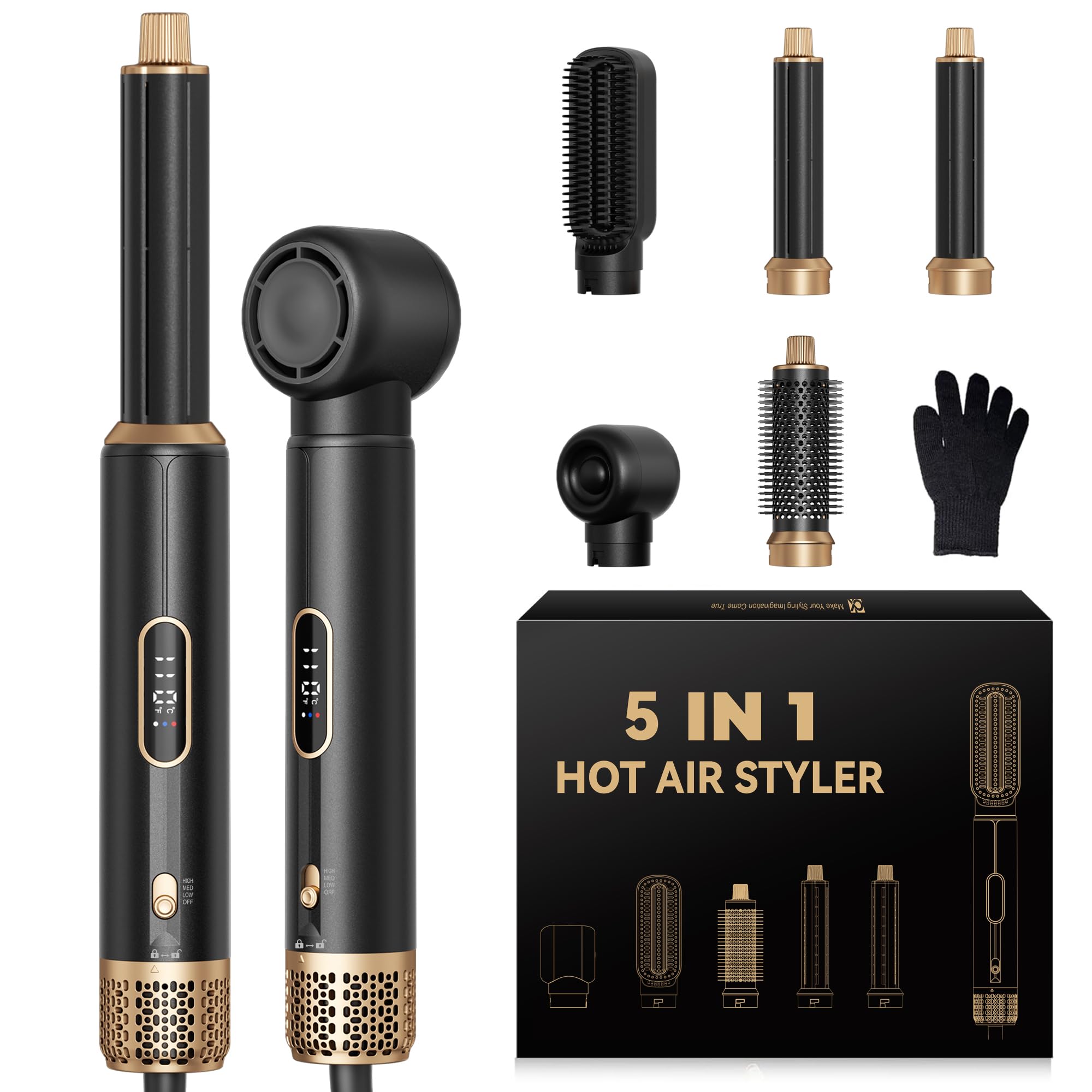 Kit 5 en 1 con secador de pelo y plancha de pelo, plancha multifunción para rizar, alisar y dar volumen, pantalla LED digital, 3 niveles de calor (50-110 °C) (negro-4)