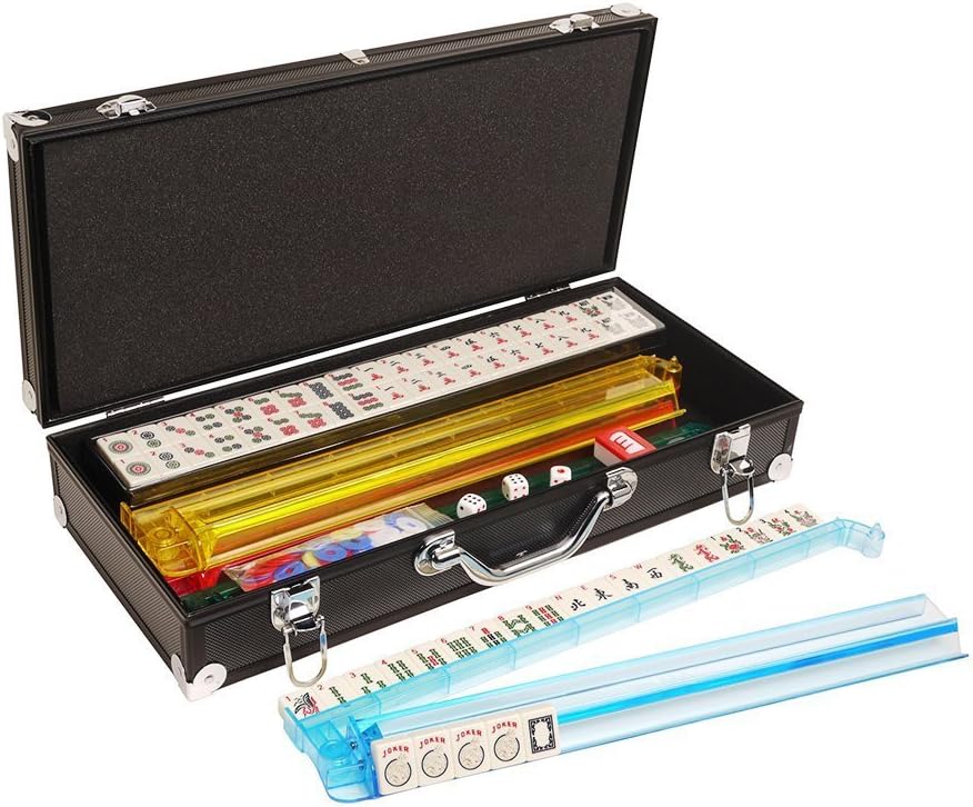 American Mah Jong Set - 166 Ivory Colored Engraved Tiles, 4 x Combo Rack/Pushers - Black Aluminum Case