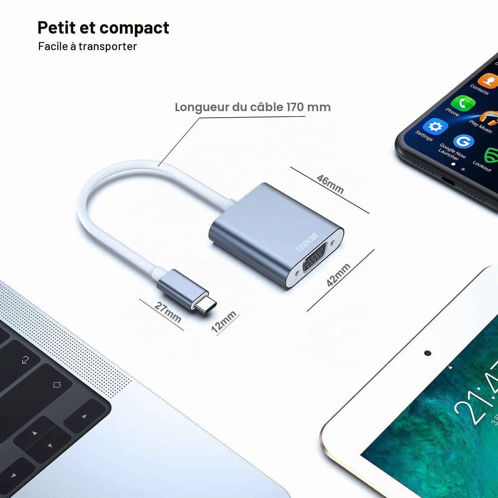 BENFEI Adaptateur USB C vers VGA, Thunderbolt 3/4 vers VGA Mâle vers Femelle, Compatible avec MacBook Pro/Air, iPhone 15 Plus Pro Max, Version en Aluminium