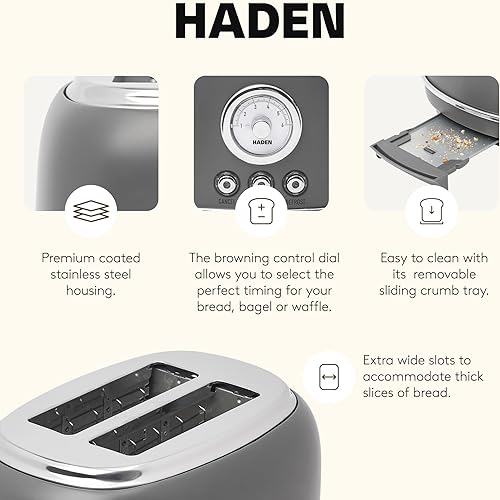 Miniatura 3 de Haden Chelsea - Tostadora de ranura ancha de 2 rebanadas con control de tostado ajustable, gris y cromado