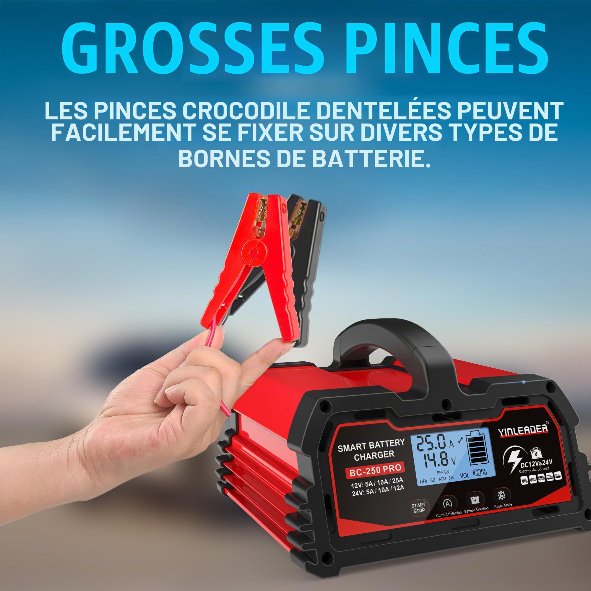 Chargeur de Batterie de Voiture Intelligent 25A 12V/24V 12A, Chargeur de Voiture LCD, mainteneur de Batterie pour AGM, Moto, Tondeuse à Gazon