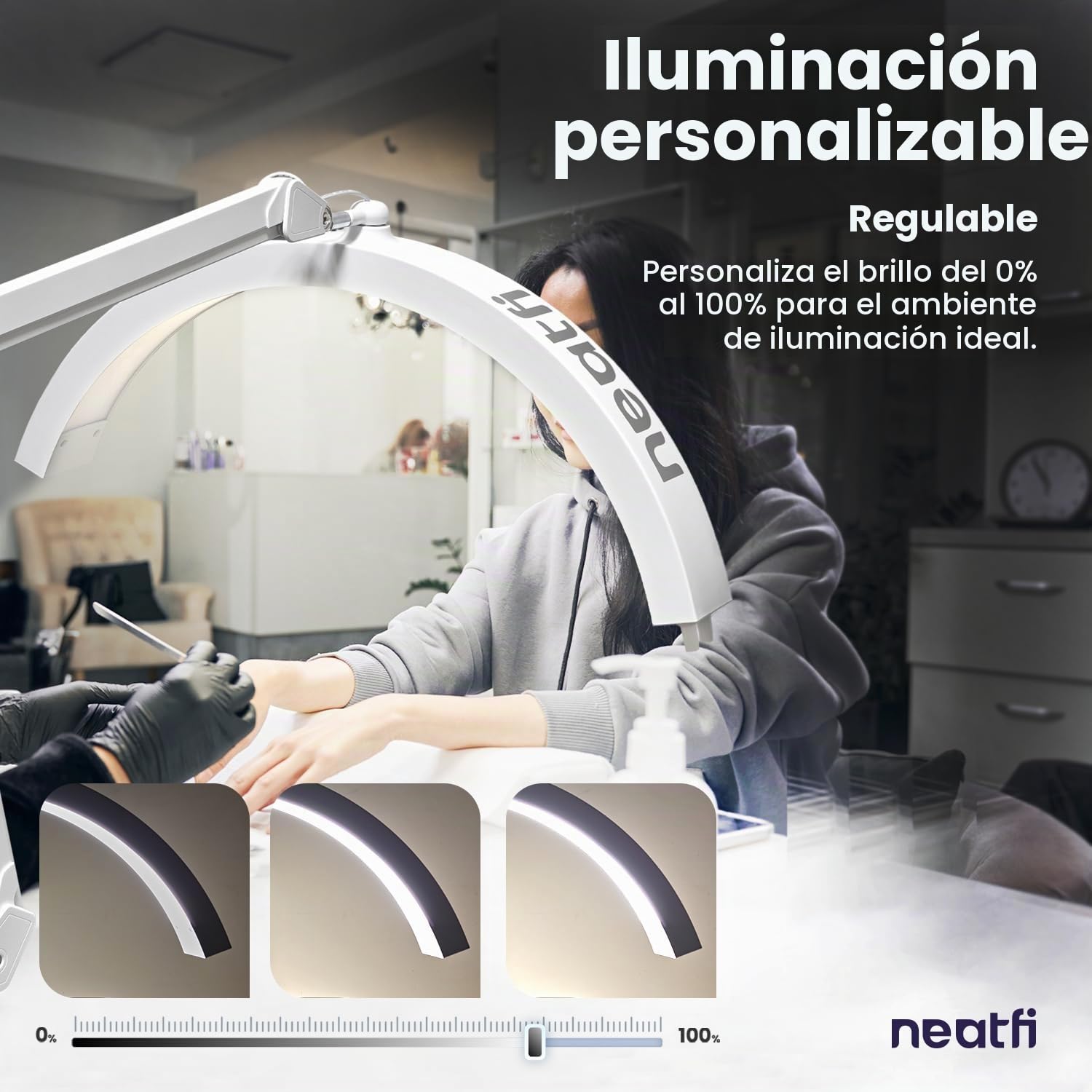 Neatfi Lámpara de mesa con brazo oscilante de media luna, iluminación LED para esteticistas, 2500 lúmenes, 5 modos de luz, ideal para decoración de uñas (CCT con Abrazadera, Blanco)