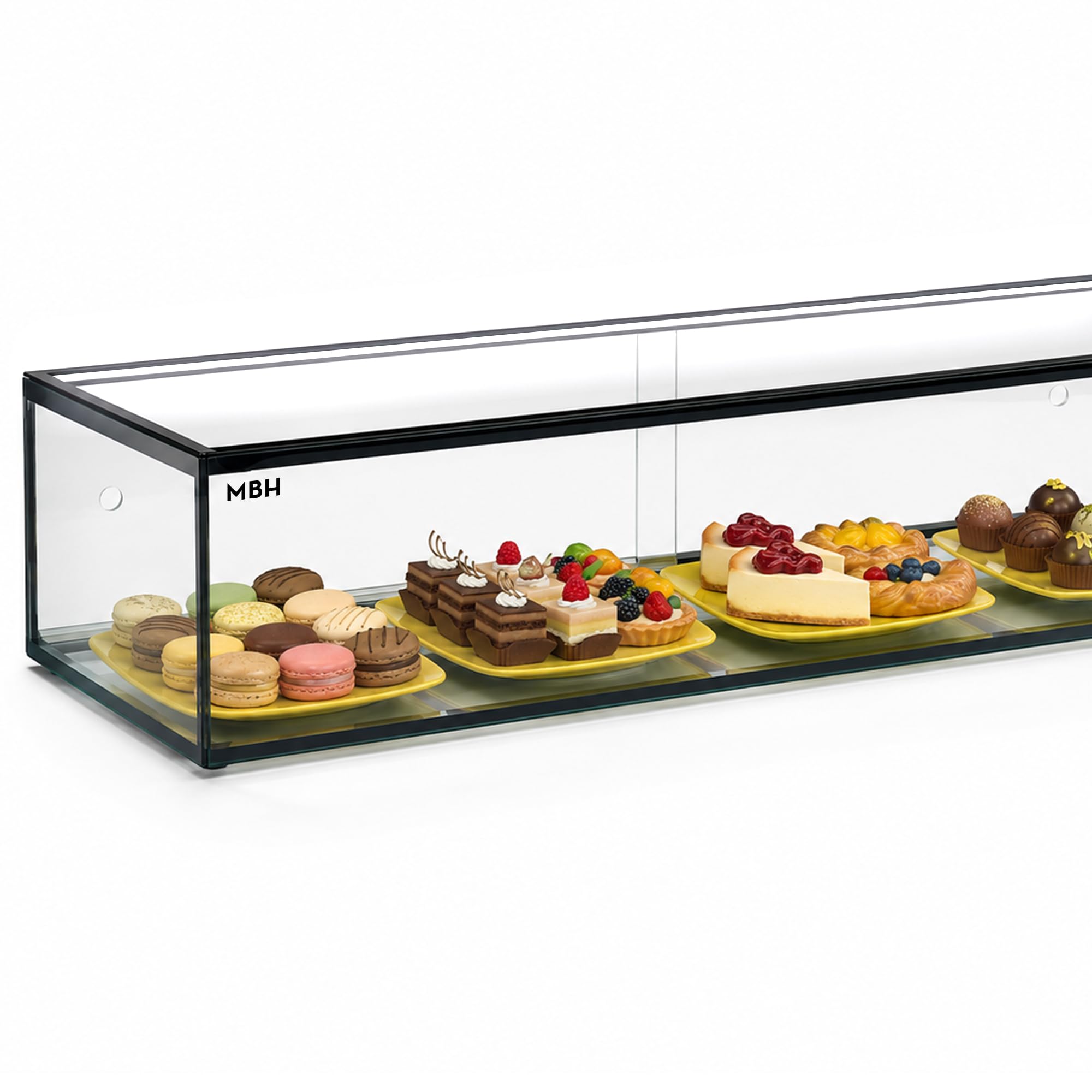 MBH - Vitrina Expositora Neutra de Sobremostrador 92x33 cm, Cristal Recto Templado, 1 Piso, con Iluminación LED, Puertas Traseras Correderas, para Bar, Cafetería, Restaurante, Bollería y Repostería.
