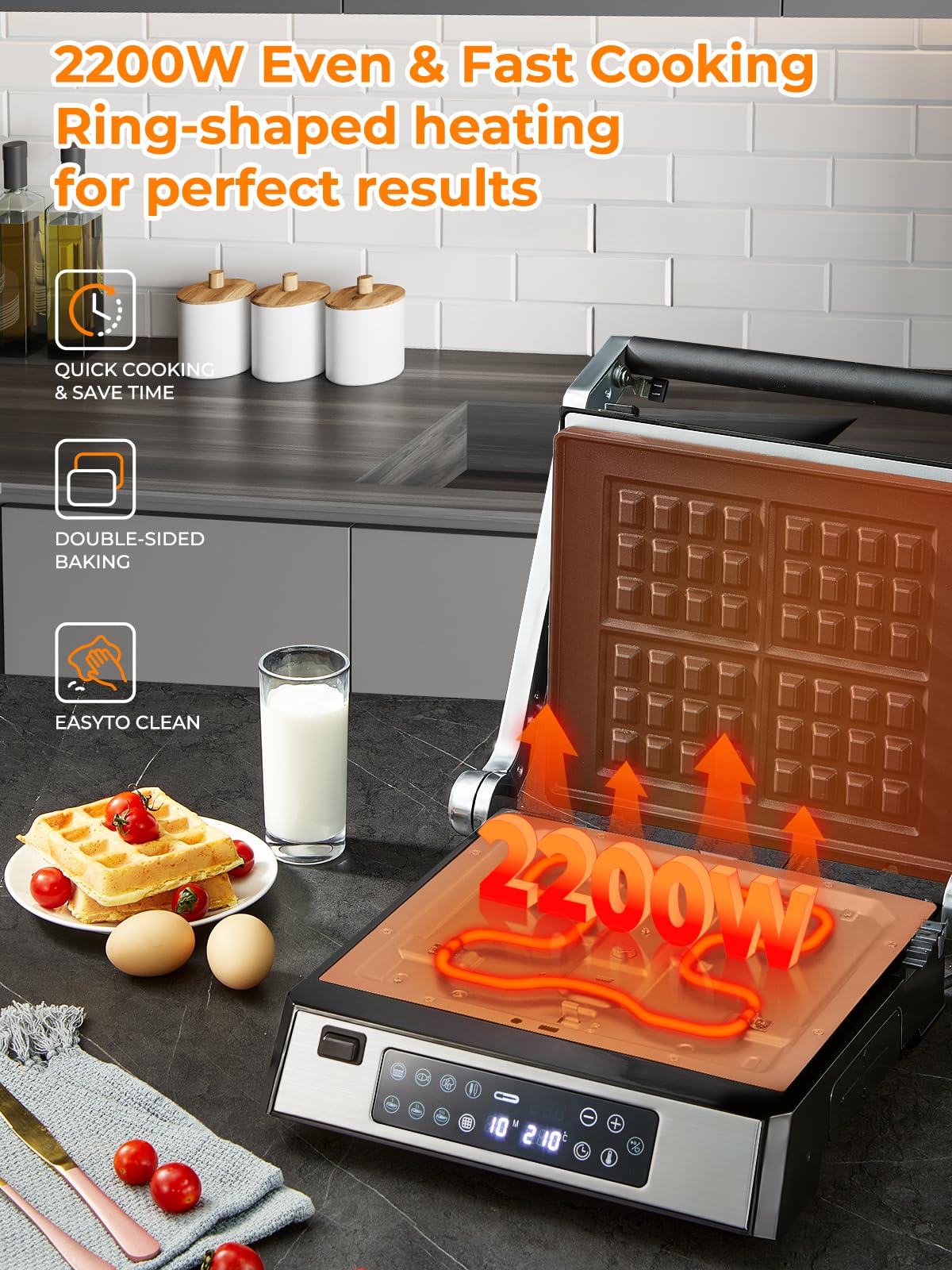 FOHERE Griglia Multifunzione, Piastra per Panini/Waffle Maker/Sandwich Maker 4 in 1, XL Piastre Antiaderenti Rimovibili 29 x 26 cm, Tempo e Temperatura Individuali, Display a LED, 2200 W