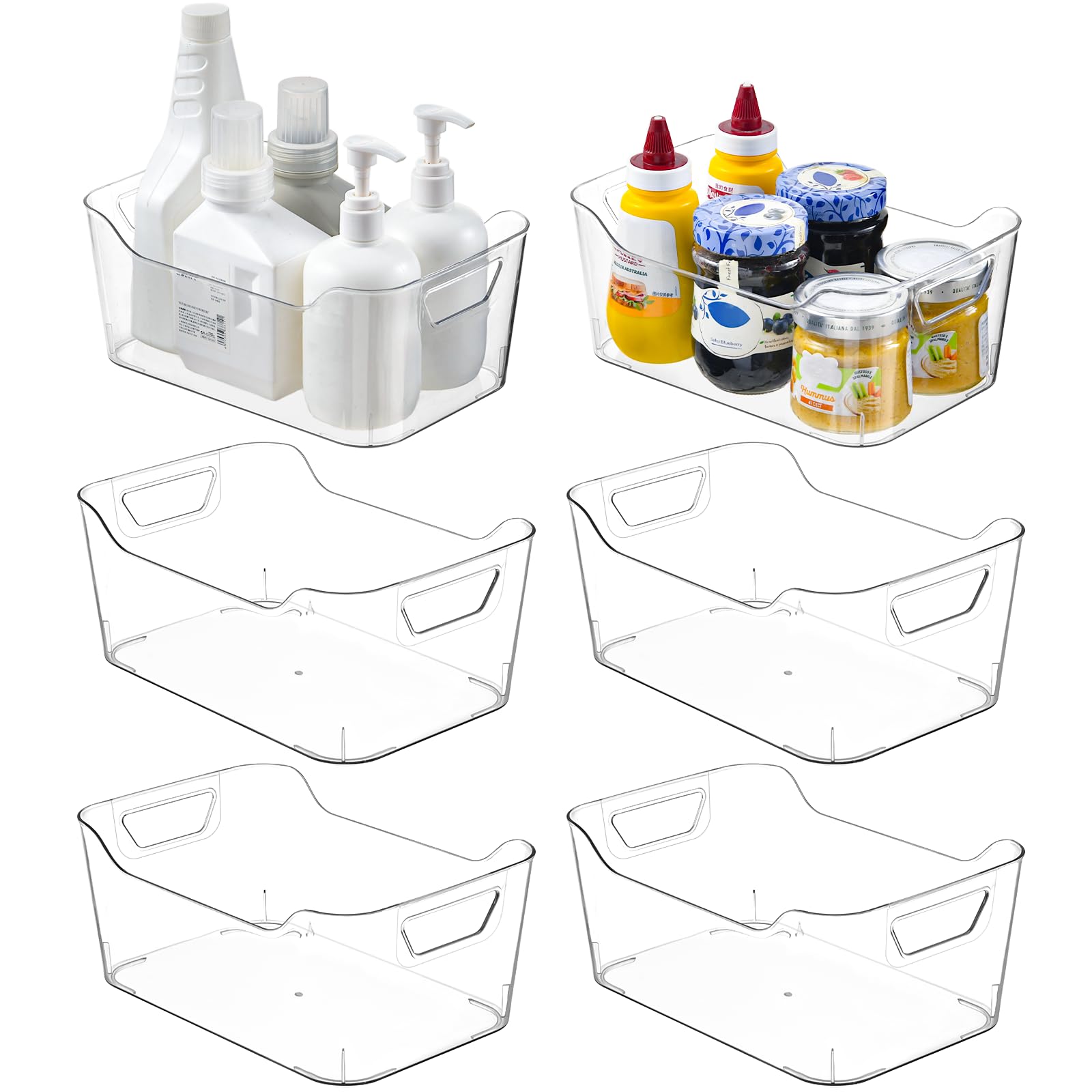 Paquete de 6 cajas de almacenamiento de plástico transparente, cesta de almacenamiento de plástico con asa para organizador de armario de cocina, despensa, baño, debajo del fregadero