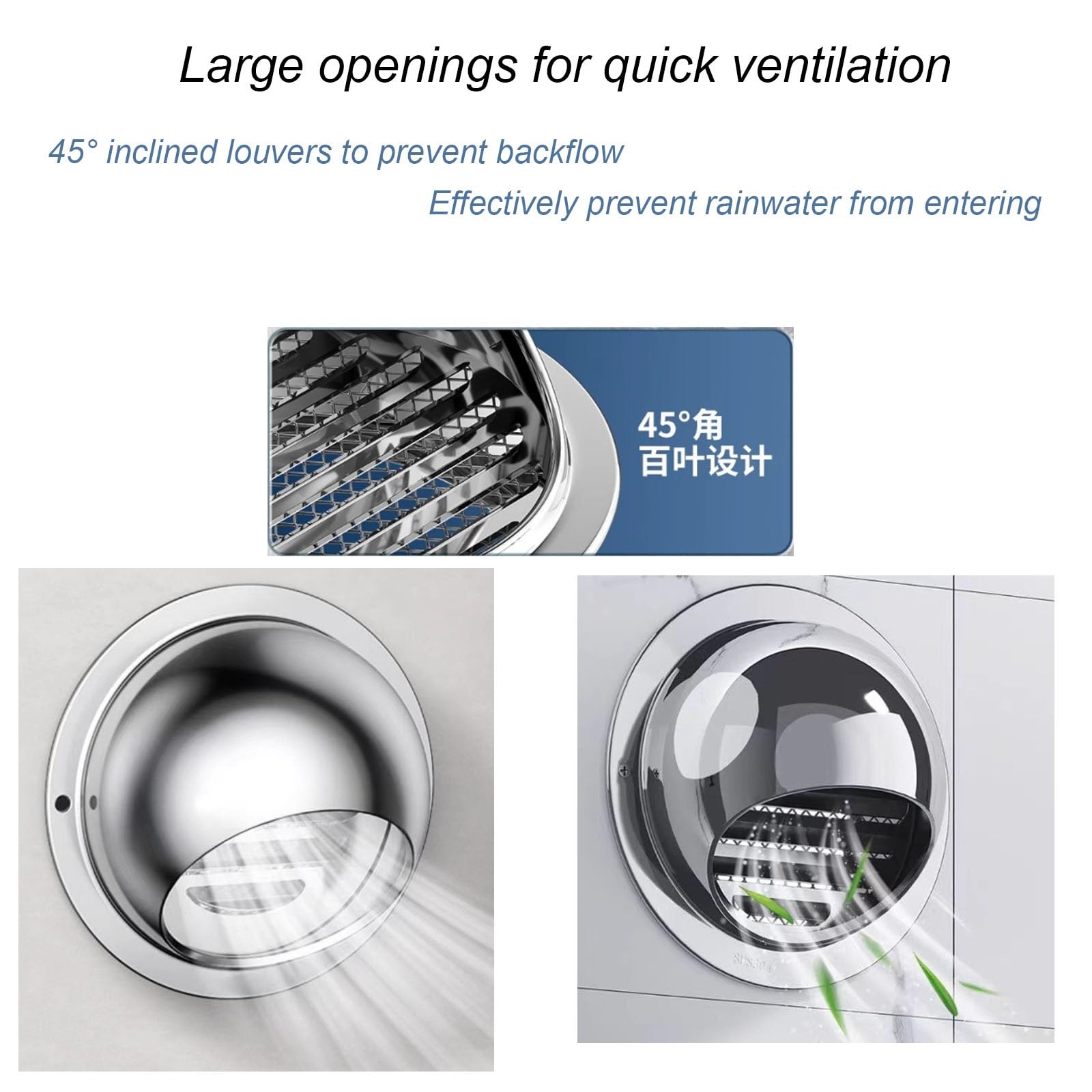 Rejilla de ventilación para Chimenea, Rejilla de ventilación de Acero Inoxidable con inclinación de 45° y mamparas integradas, aptas para oficinas (201,8 cm)