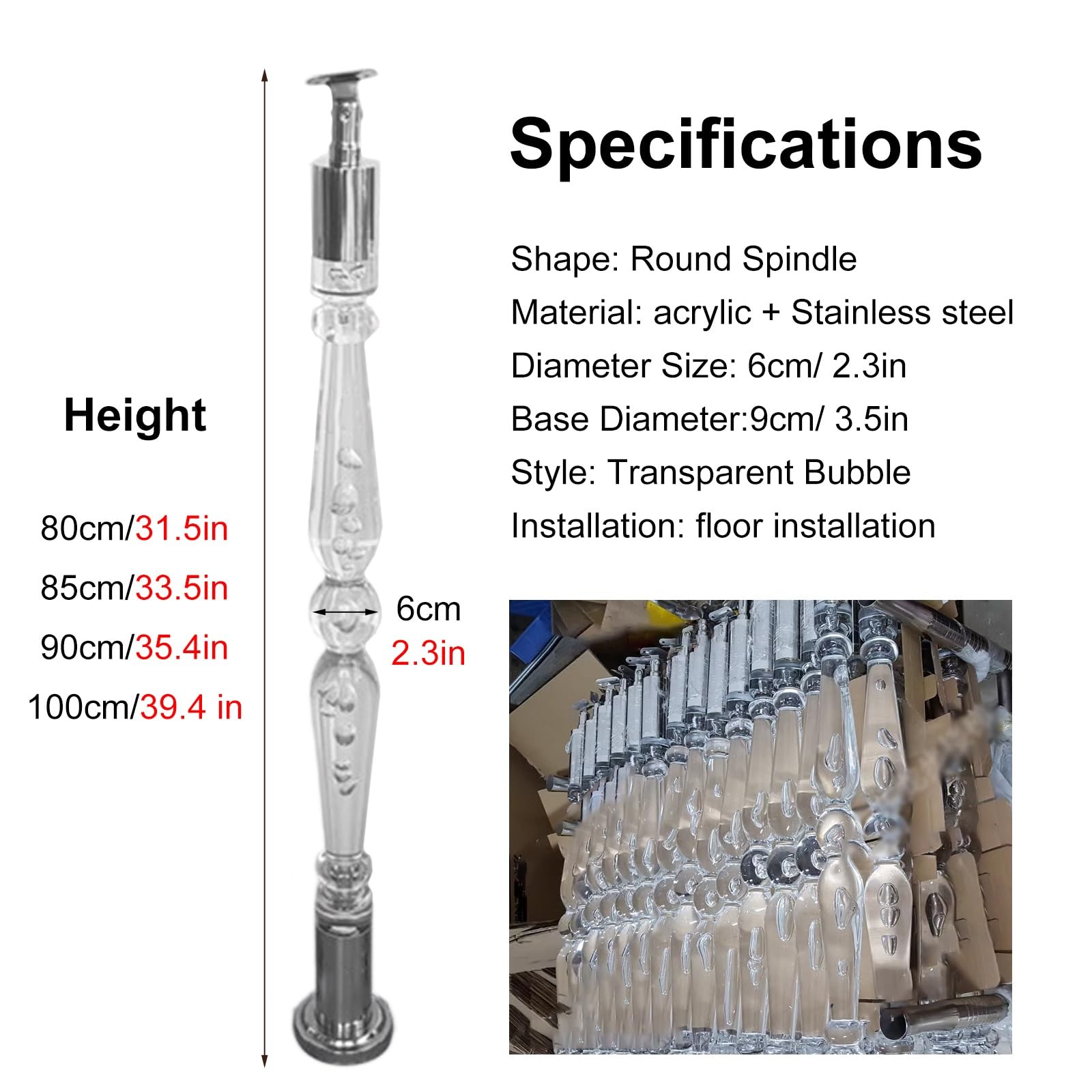 Paletti per balaustre di scale Colonna for ringhiera for scale regolabile in acciaio inossidabile e cristallo acrilico, diverse misure(Post 80cm/31.5in)