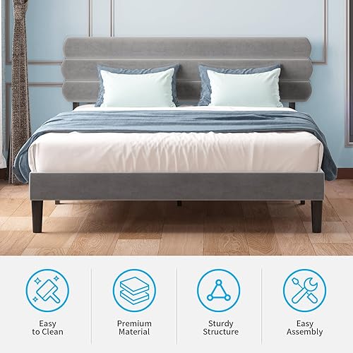 Miniatura 7 de Mjkone Base de cama tamaño King/Queen/Matrimonial | Muebles de dormitorio acolchados de tela | Base de cama tapizada con cabecera capitonada de Gris