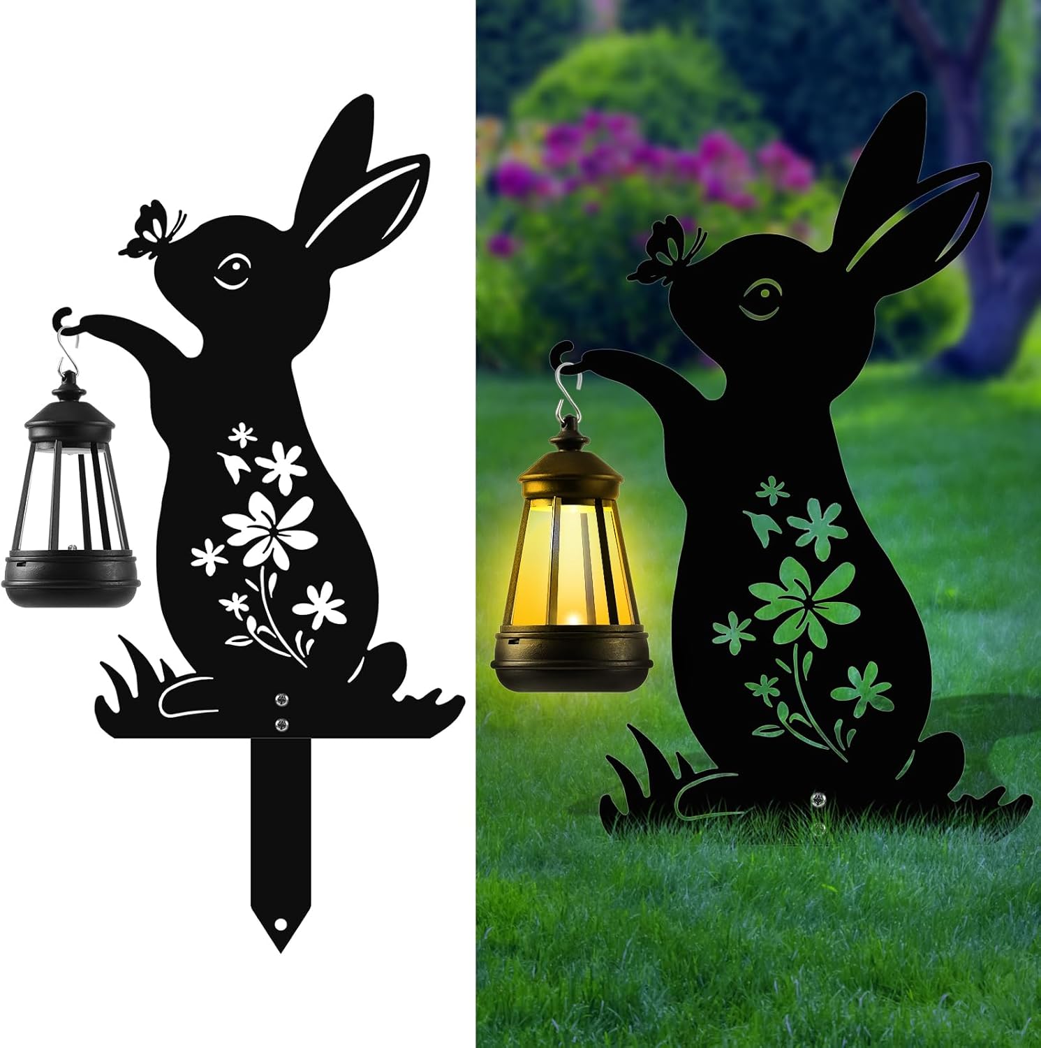 Bunny Solar Garden Stakes, Rabbit Silhouette Decorative with Solar Lantern, Metal Garden Easter Decoration for Yard,Lawn,Pathway
