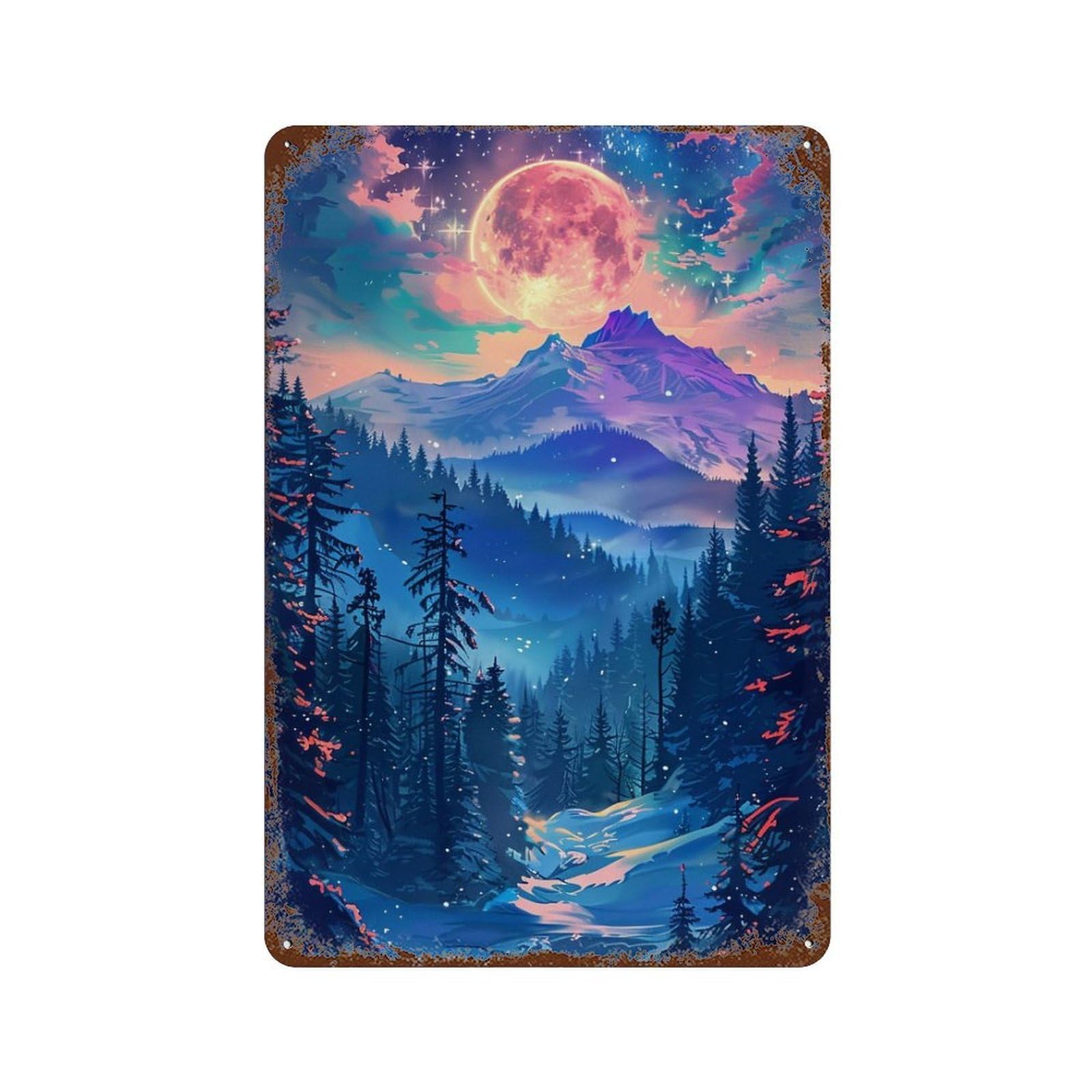 Magical Forest Moonlit Night Distressed Metal Wall Sign 11.8"x7.9", Ideal for Pub, Kitchen And Man Cave Decor