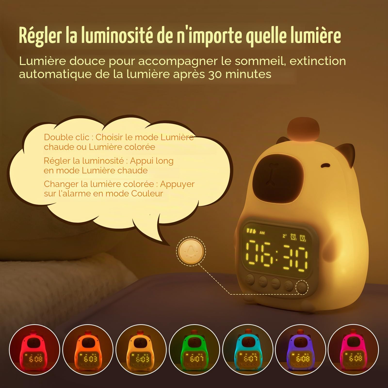 Yiliaw Capybara Réveil avec veilleuse pour enfants, 7 couleurs RVB - Réveil mignon pour chambre à coucher, réveil - Lampe de table en silicone en forme d'animal pour adolescents, filles, garçons