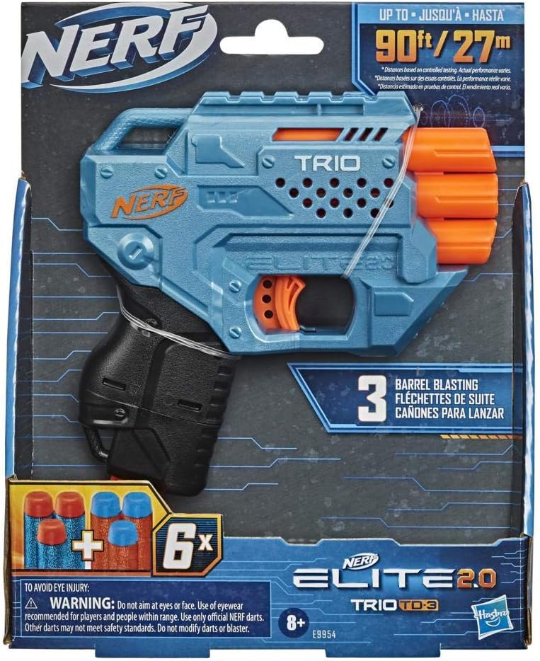 Elite 2.0 Trio SD-3 Blaster, 6 Official Nerf Darts, 3-Barrel Blasting, Tactical Rail for Customizing Capability