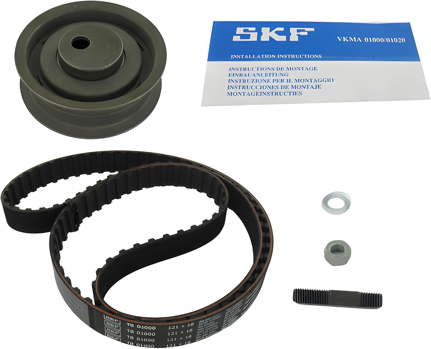 Individual components of the SKF VKMA 01000 Timing Belt Kit laid out