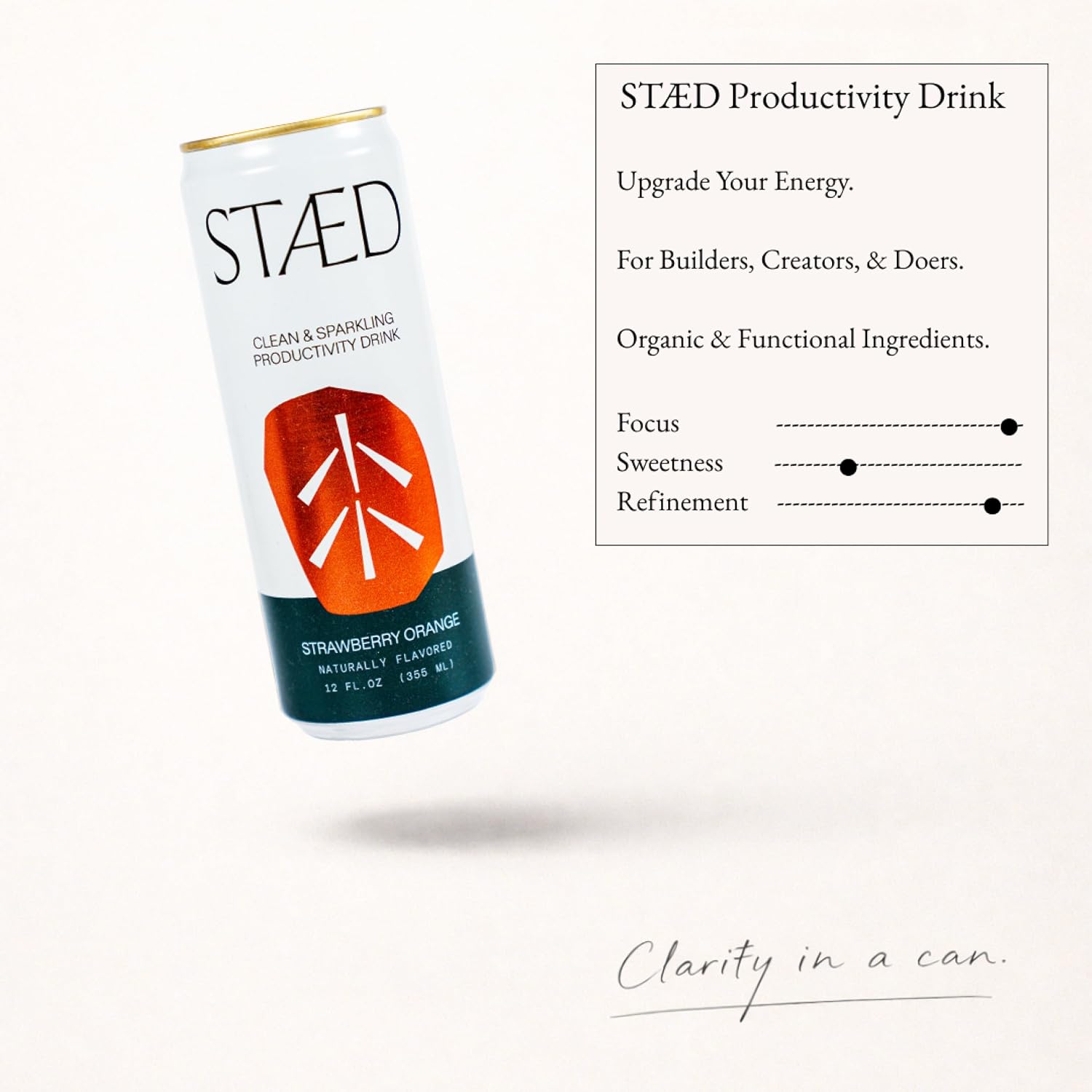 Drink Staed Strawberry Orange Productivity Drink, Sparkling Functional Beverage, 12-Pack – with Cognizin® Citicoline & L-Theanine, Organic Clean Caffeine, Healthy Energy Drink