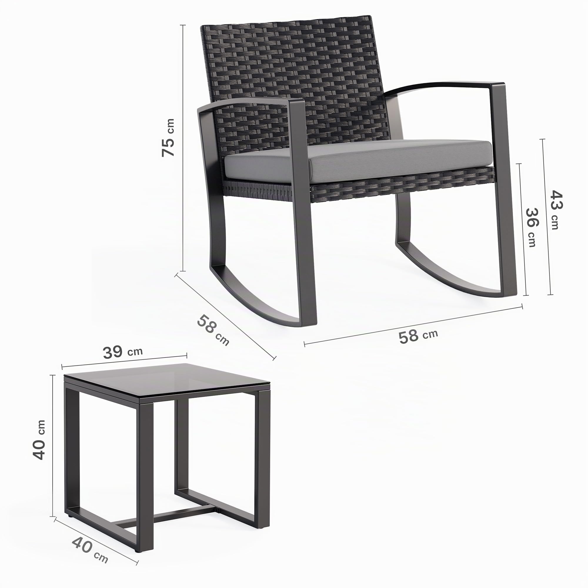 Xbro Conjunto de Bistró para Patio, 3 Piezas, Juego de 2 Sillas Mecedoras de Ratán con Mesa de Jardín, Muebles de Exterior para Terraza, Balcón y Porche