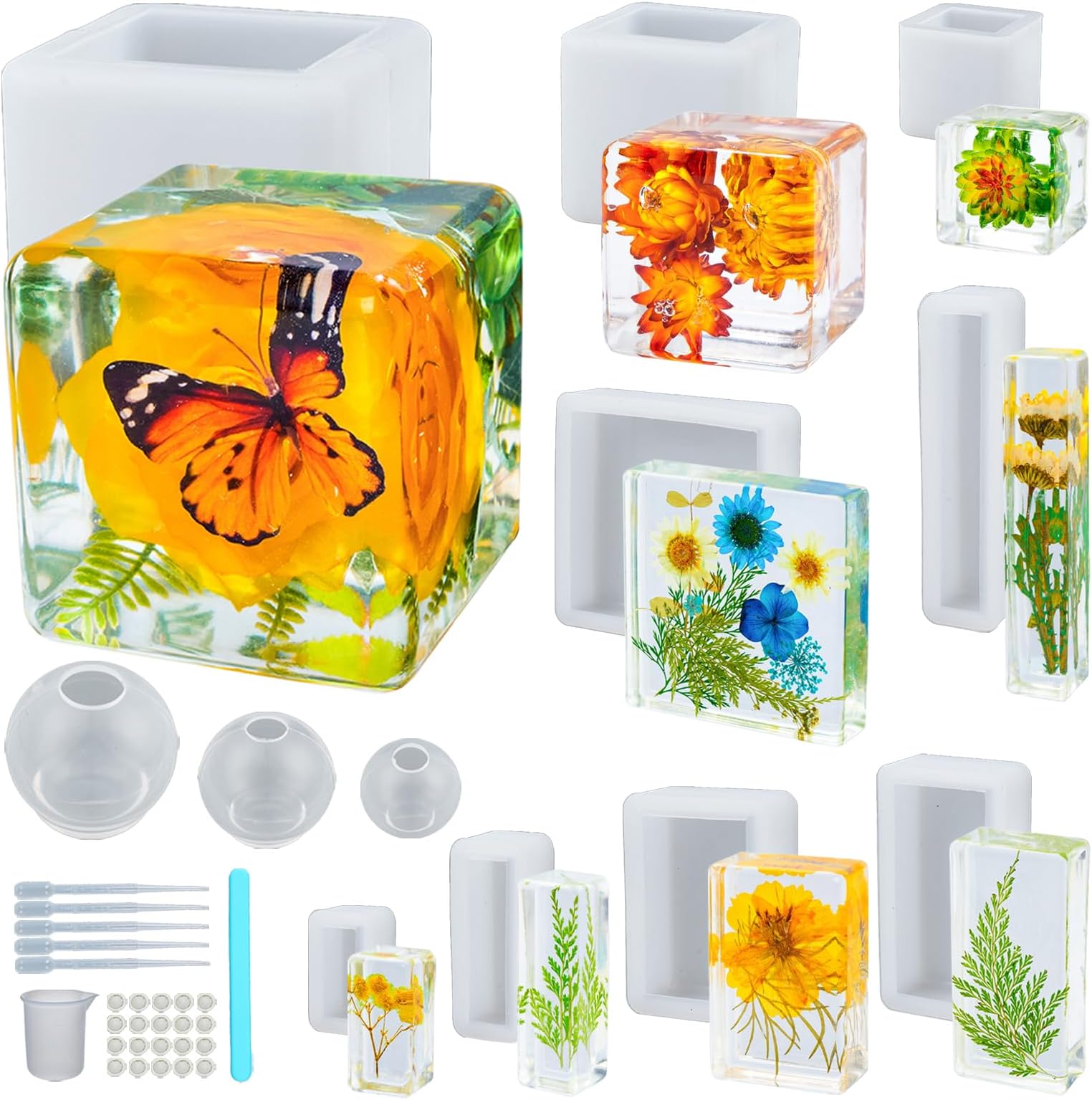 Large 4 Inch Resin Mold 12 PCS Glossy Deep Cube Sphere Silicone Molds with Tools Epoxy Resin Casting Mould for Preserving Flowers, Insect Specimens, DIY Art Craft Gift, Furniture Decor, Soap, Candle