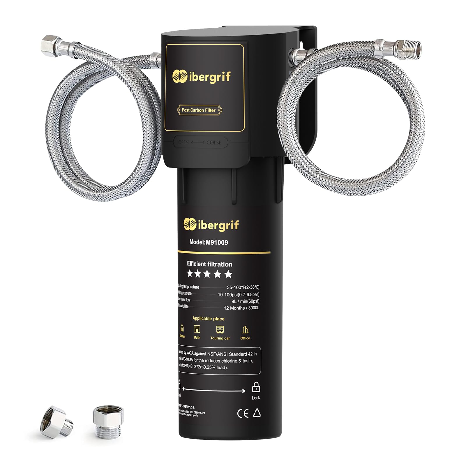 Ibergrif Black M91009 Undersink Water Filter System Nsf/Ansi 42 Certified Reduces Chlorine, Lead, Fluoride, Bad Taste And Odor, Quick Installation,