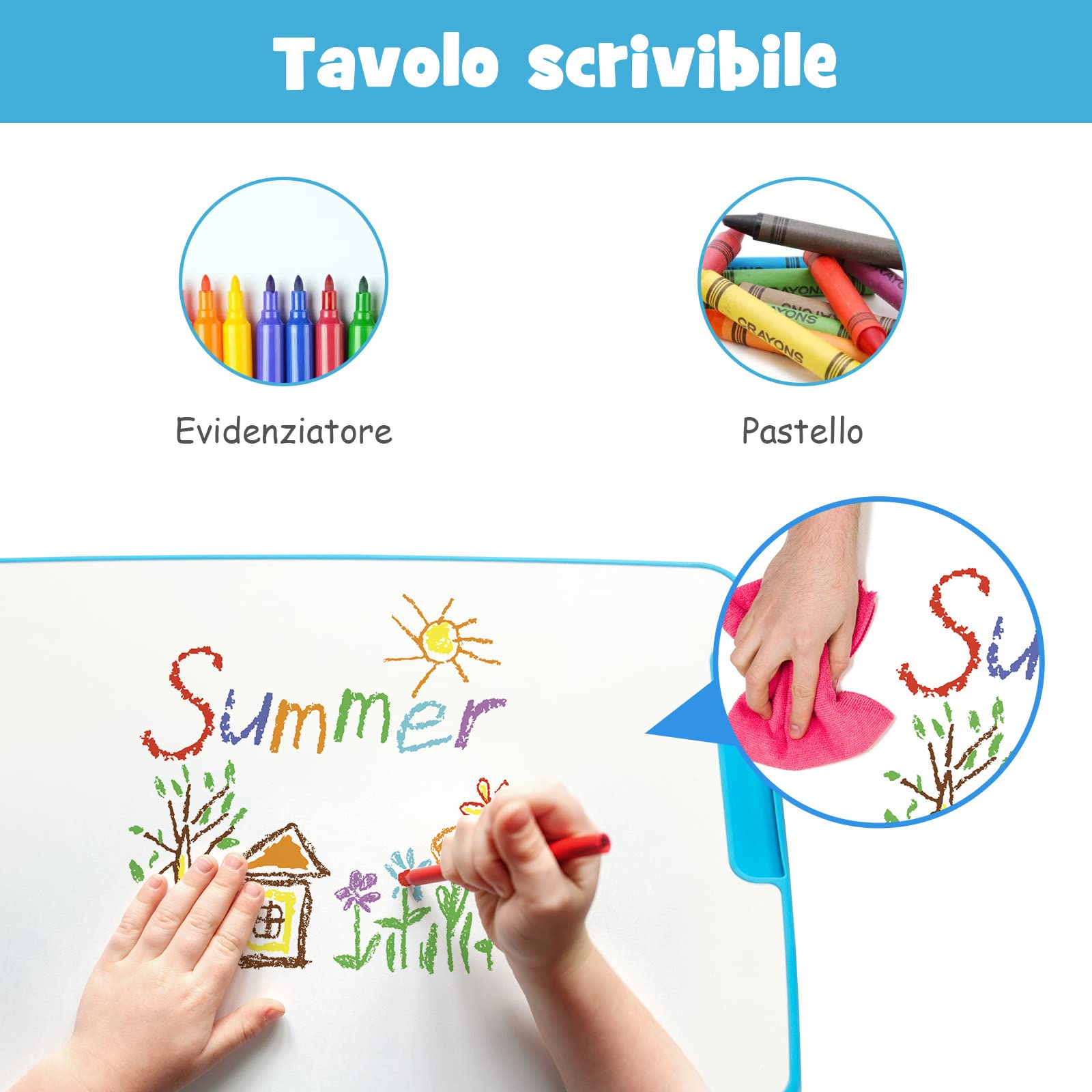 COSTWAY Set Scrivania e Sedia per Bambini, Set Tavolo con Altezza Regolabile per Bambini, Tavolo per Studiare con Superficie Inclinabile (Blu)