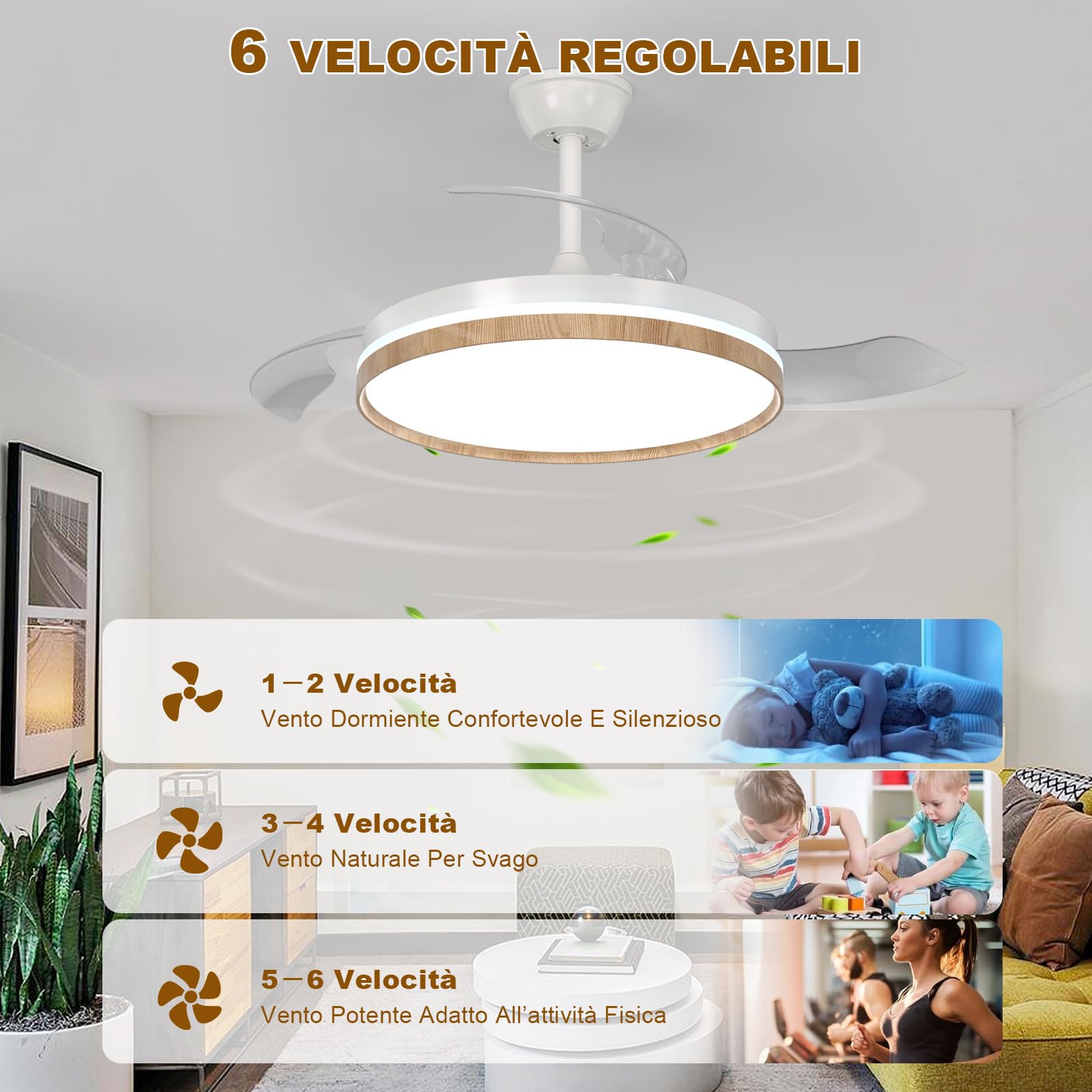 Ventilatore da Soffitto con Luce e Telecomando, 3 Pale Retrattili, Reversibile LED Lampada Ventilatore da Soffitto Dimmerabile, 6 Velocità, Silenzioso Motore DC per Camera da Letto, Soggiorno
