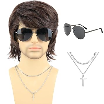 PUREHAIR Short Brown Wigs for Men - 70s 80s Natural Fluffy Heat Resistant Synthetic Hair Wig for Cosplay, Daily Use, Themed Party and Halloween Brown
