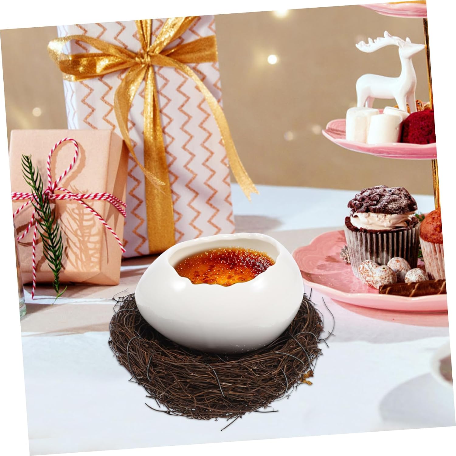 Ceramic Dessert Bowl Egg Shaped with Rattan Nest for Home Banquets