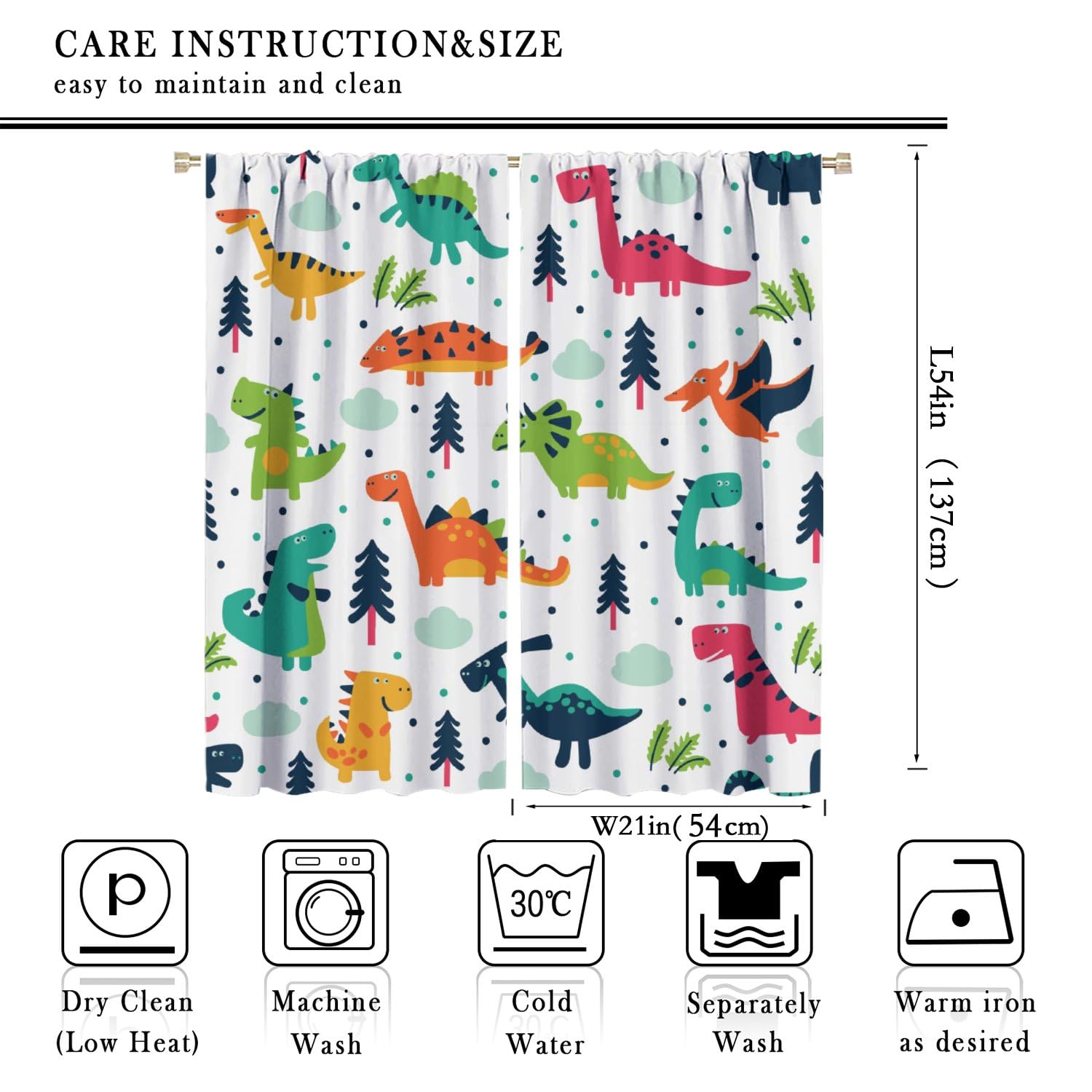 AuiMzoo Cute Dinosaur Curtains, Colorful Cartoon Dinosaur Animal Print Rod Pocket Decorative Curtains for Kids Boys and Girls Bedroom Toy Room42X54 Inch