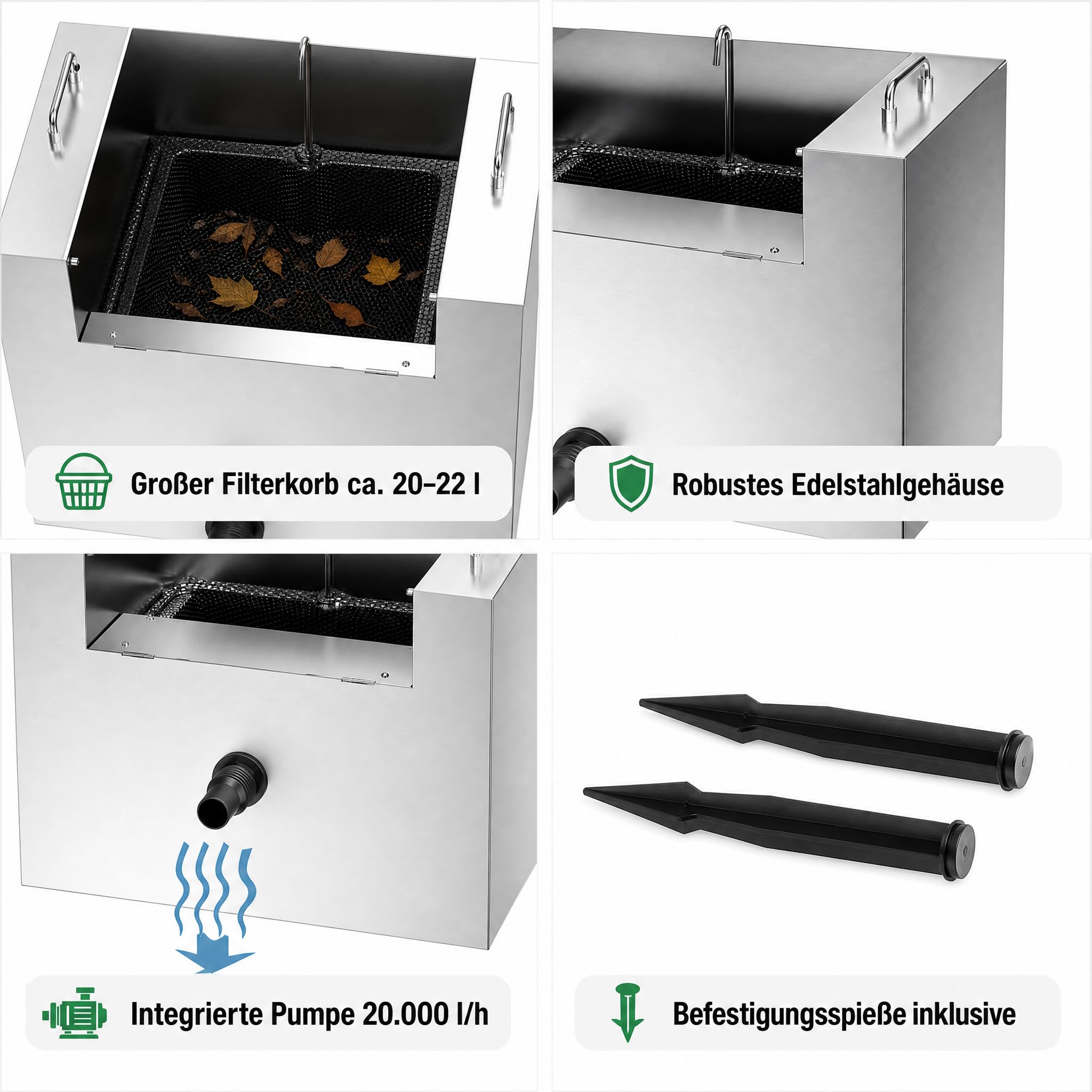 AquaOne Teichskimmer CSP-16000, schwimmender Oberflächenskimmer für Teiche & Koiteiche, integrierte 20.000 l/h Pumpe, großer 20–22 l Filterkorb, Edelstahlgehäuse