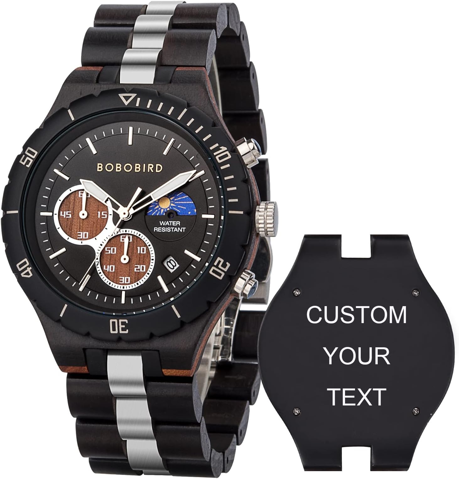 Mens Quartz Wooden Watches Stainless Steel Red Sandalwood Alloy Wood Watch for Male Classic Function Wristwatch Chronograph Luminous Hands Day and Night Date Display