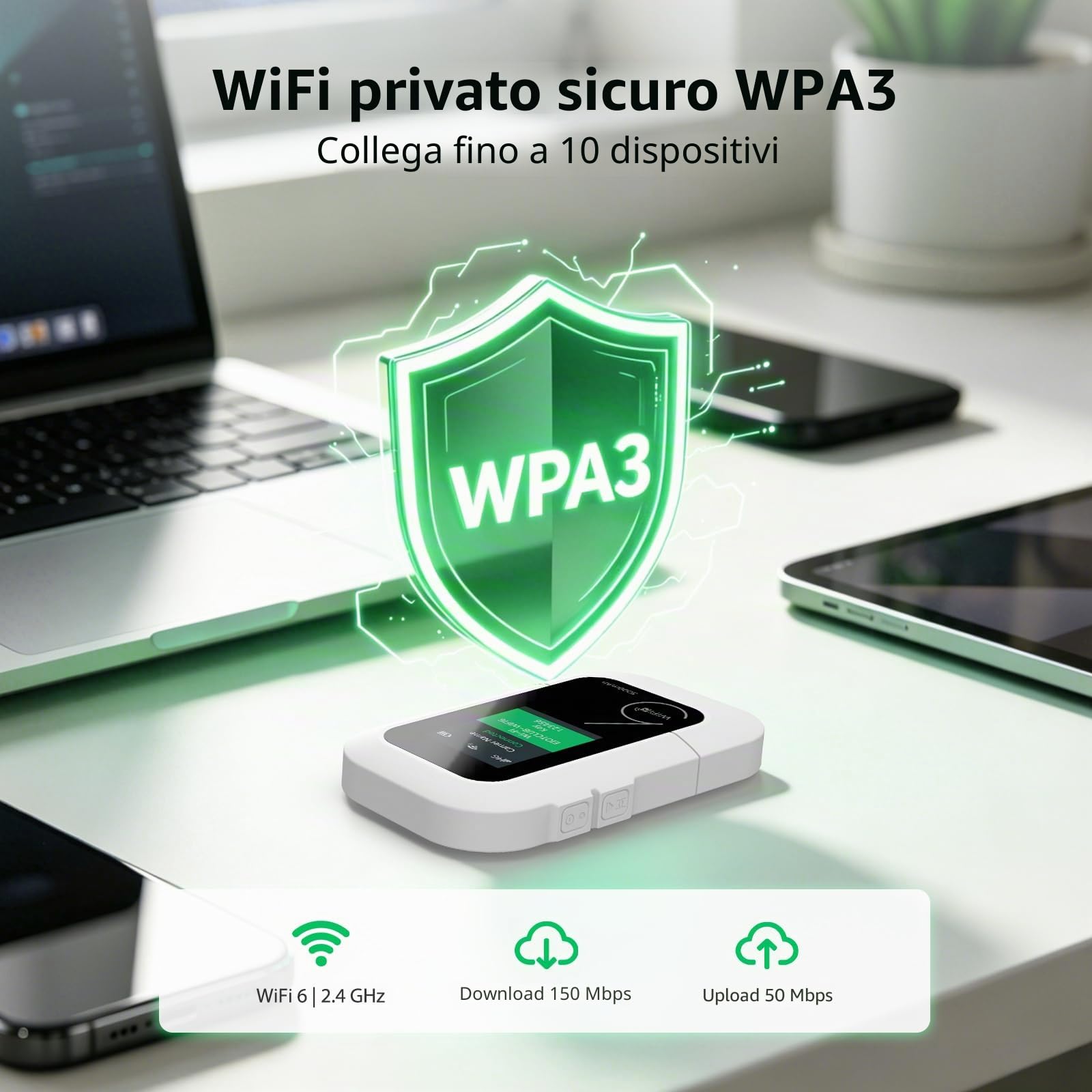 EIOTCLUB Router Wi-Fi 4G LTE Portatile: 150Mbps, 1GB Dati Inclusi, WiFi 6, WPA3. Hotspot Mobile con Batteria 3000mAh, Display LCD 1,7". Connette 10 Dispositivi. Pocket WiFi per Viaggi e Camping