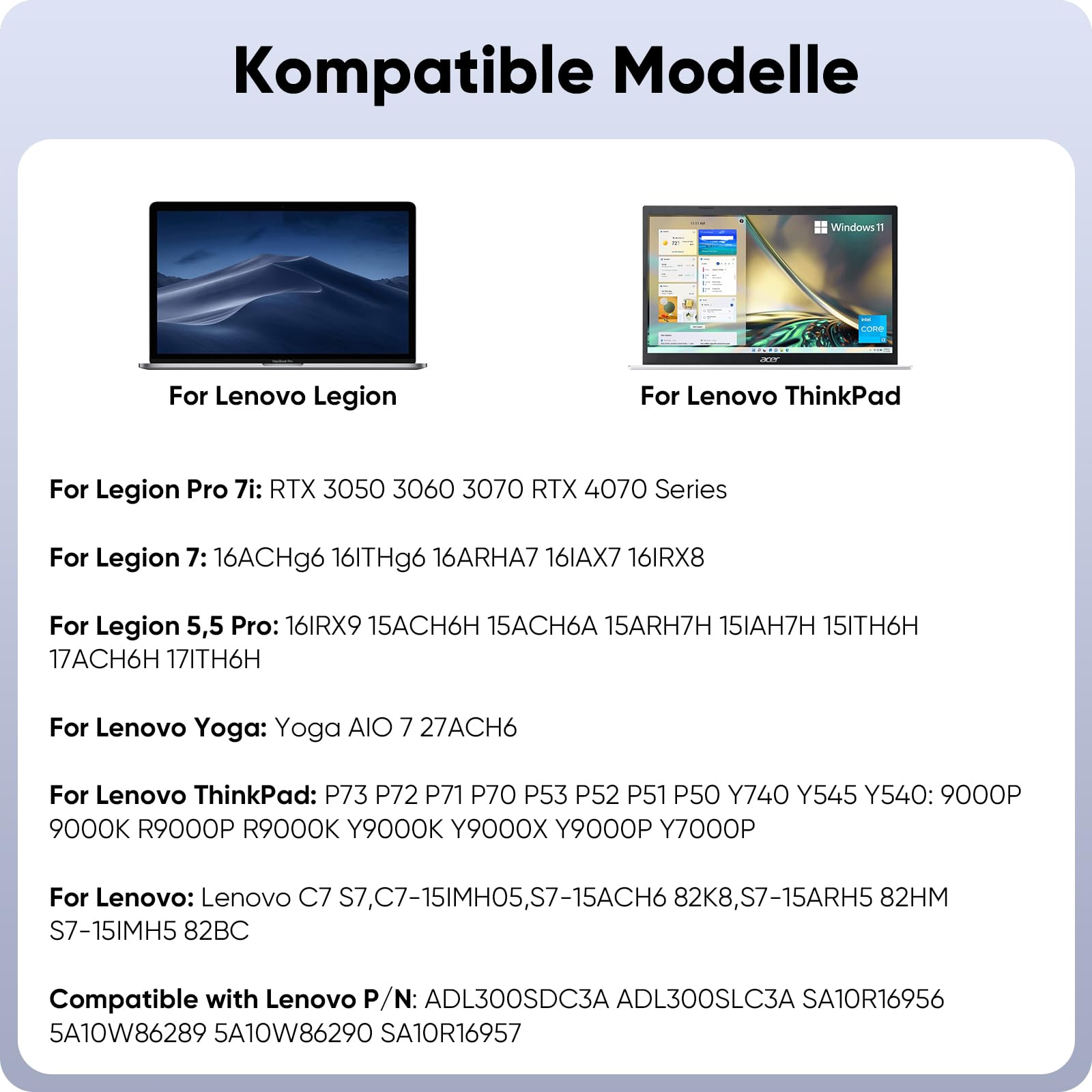 300W Laptop Netzteil Ladekabel für Lenovo Legion 5 5i 5P 7 7i Pro 15 16 17 R9000P R9000K Y9000K Y9000X, ADL300SDC3A GX21F23045 SA10R16956 5A10W86289 20V 15A AC Adapter Ladegerät