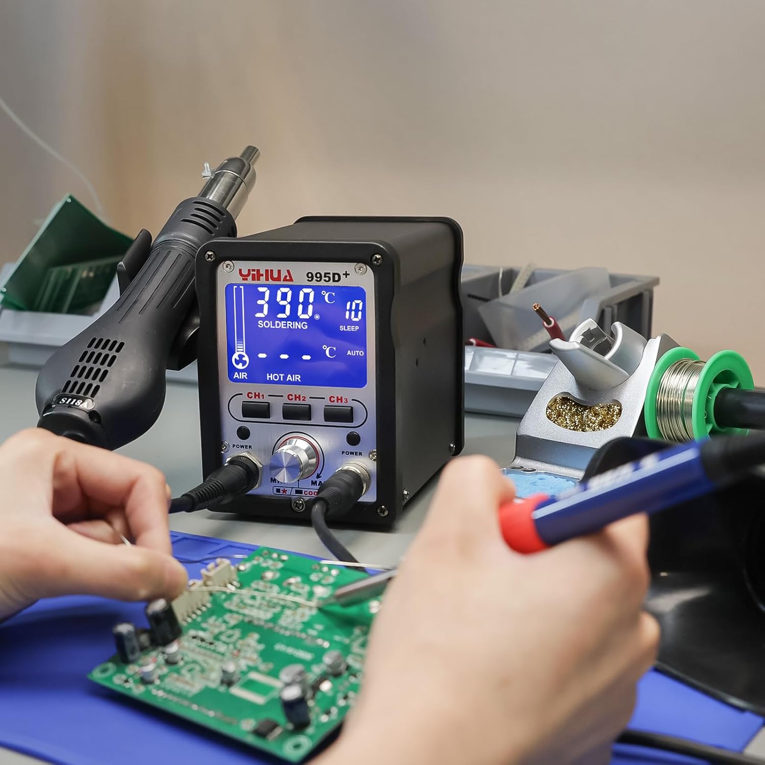 YIHUA 995D+ 2 in 1 Hot Air Rework and Soldering Iron Station with 3 Memories, Large LCD Screen Display, Cool/Hot Air Conversion, Sleep Mode, F /C