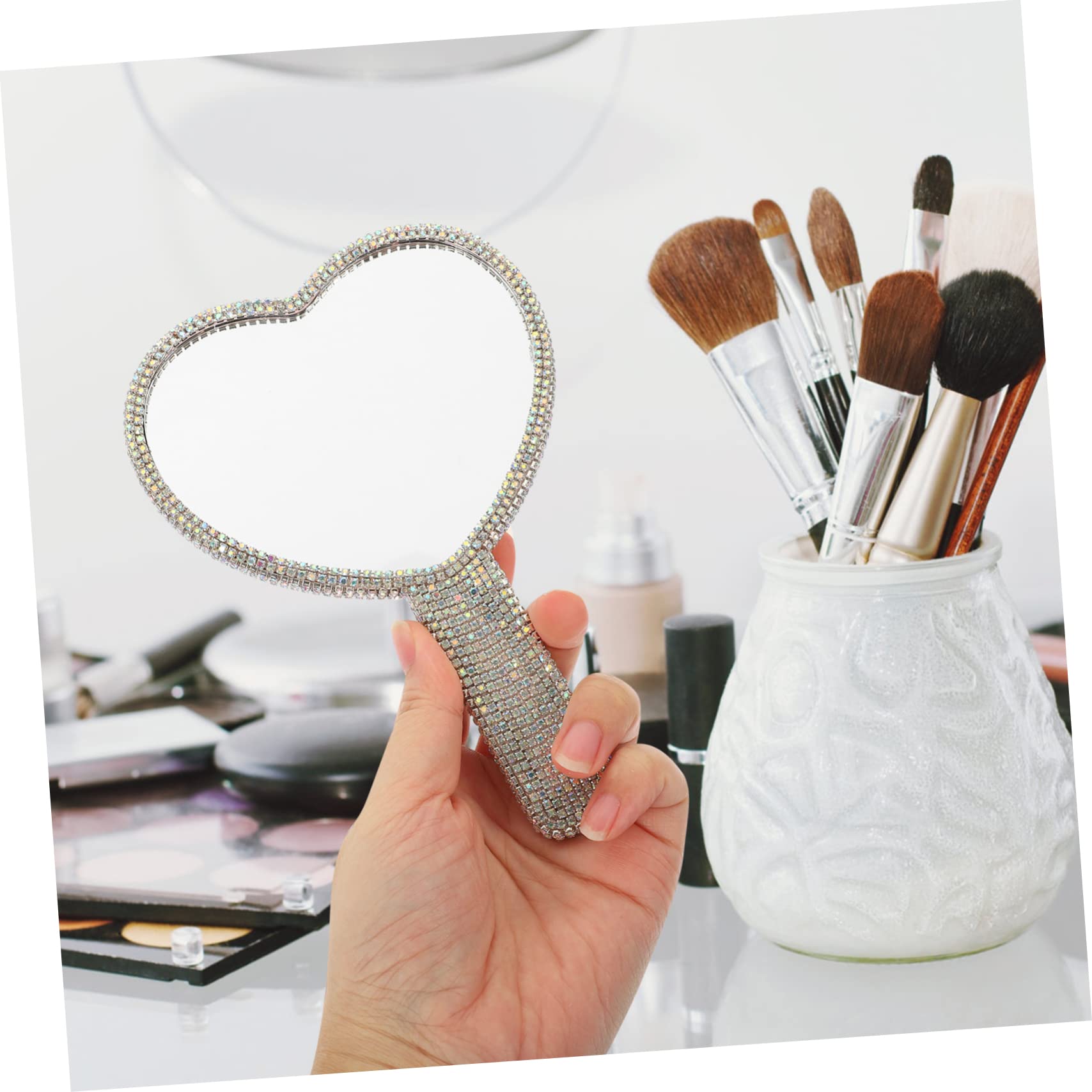 VICASKY Handheld Makeup Mirror with Rhinestone Accents Portable Cosmetic Mirror for Women High Definition Surface for Quick Touch Ups Lightweight and Stylish Design