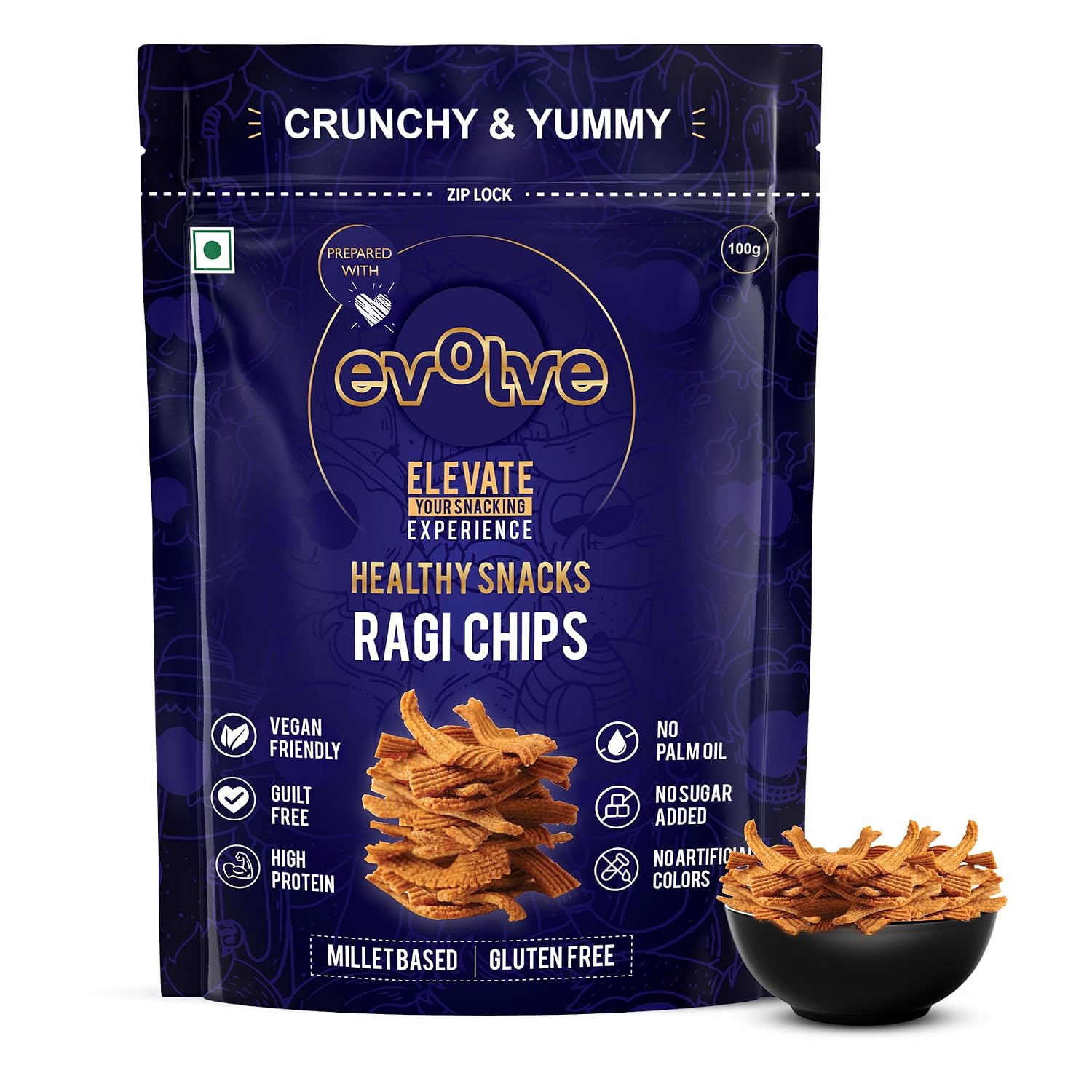 Evolve Ragi Chips Healthy Snack for Kids, Adults | Gluten Free, Vegan, No Artificial Color or Sugar, Millet Blend, Freshly Made, Ideal for Weight Loss, 100 gram Evolve Ragi Chips Healthy Snack for Kids, Adults | Gluten Free, Vegan, No Artificial Color or Sugar, Millet Blend, Freshly Made, Ideal for Weight Loss, 100 gram