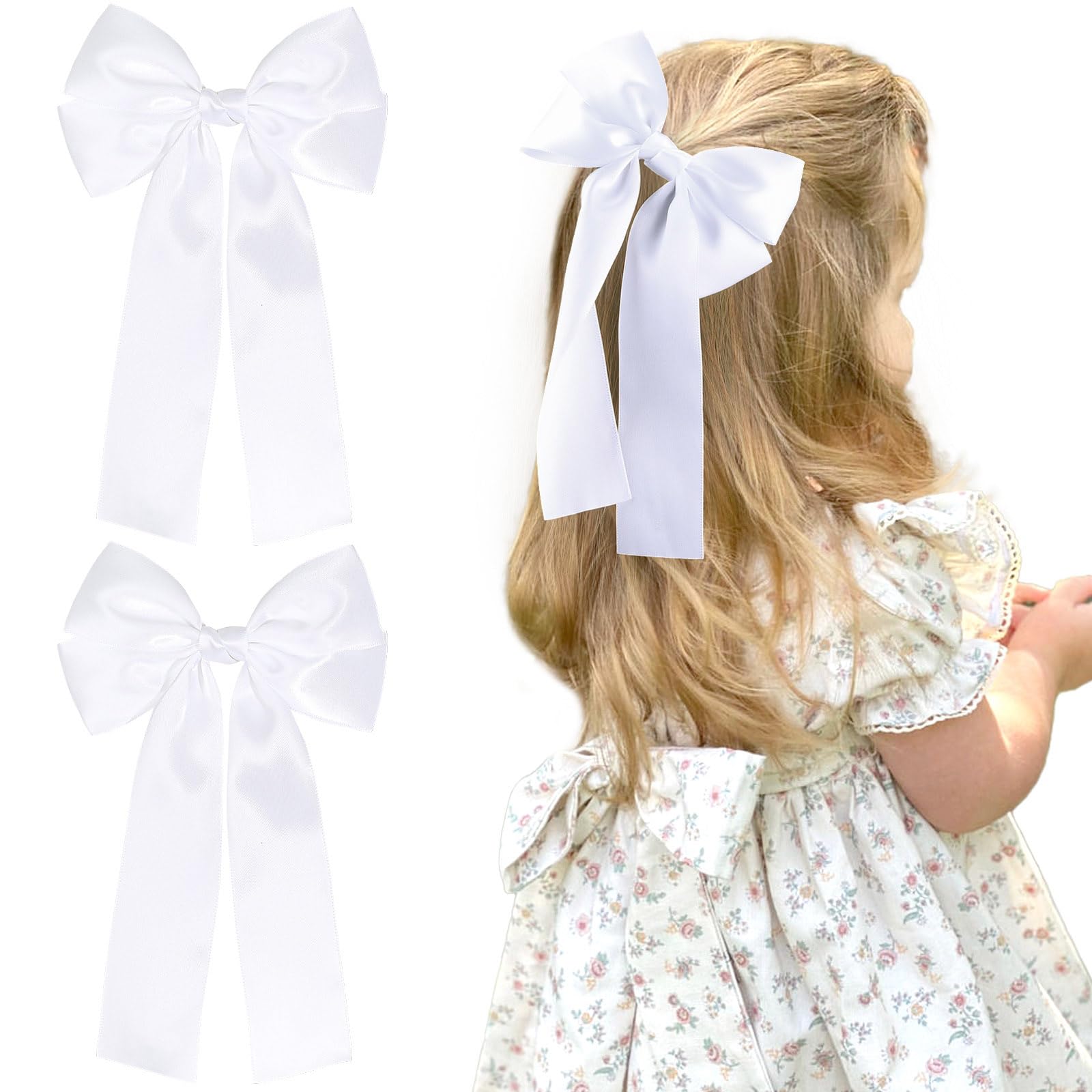 NCMAMA 2Pcs Hair Bows for Girls Hair Clip Silk Hair Bow Ribbon Hair Accessories for Women Toddlers Infant Teens Kids,White-Silk