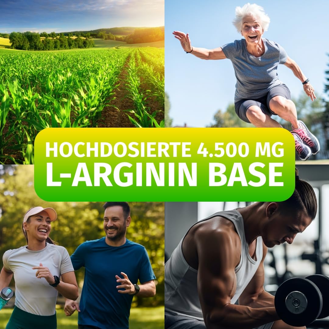 Green Naturals L-Arginin – Hochdosiert: 4.500 mg – 365 Kapseln | Reines L-Arginin Base · Aus natürlicher Fermentation · 2-Monatsvorrat