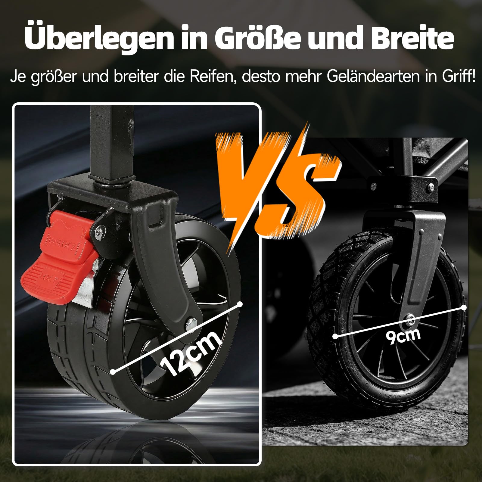 HAUSPROFI Carrello pieghevole da 100 l, portata 100 kg, adatto per fuoristrada, con freni, All-Terrain, tasca laterale e portabevande per esterni, campeggio, giardino e shopping
